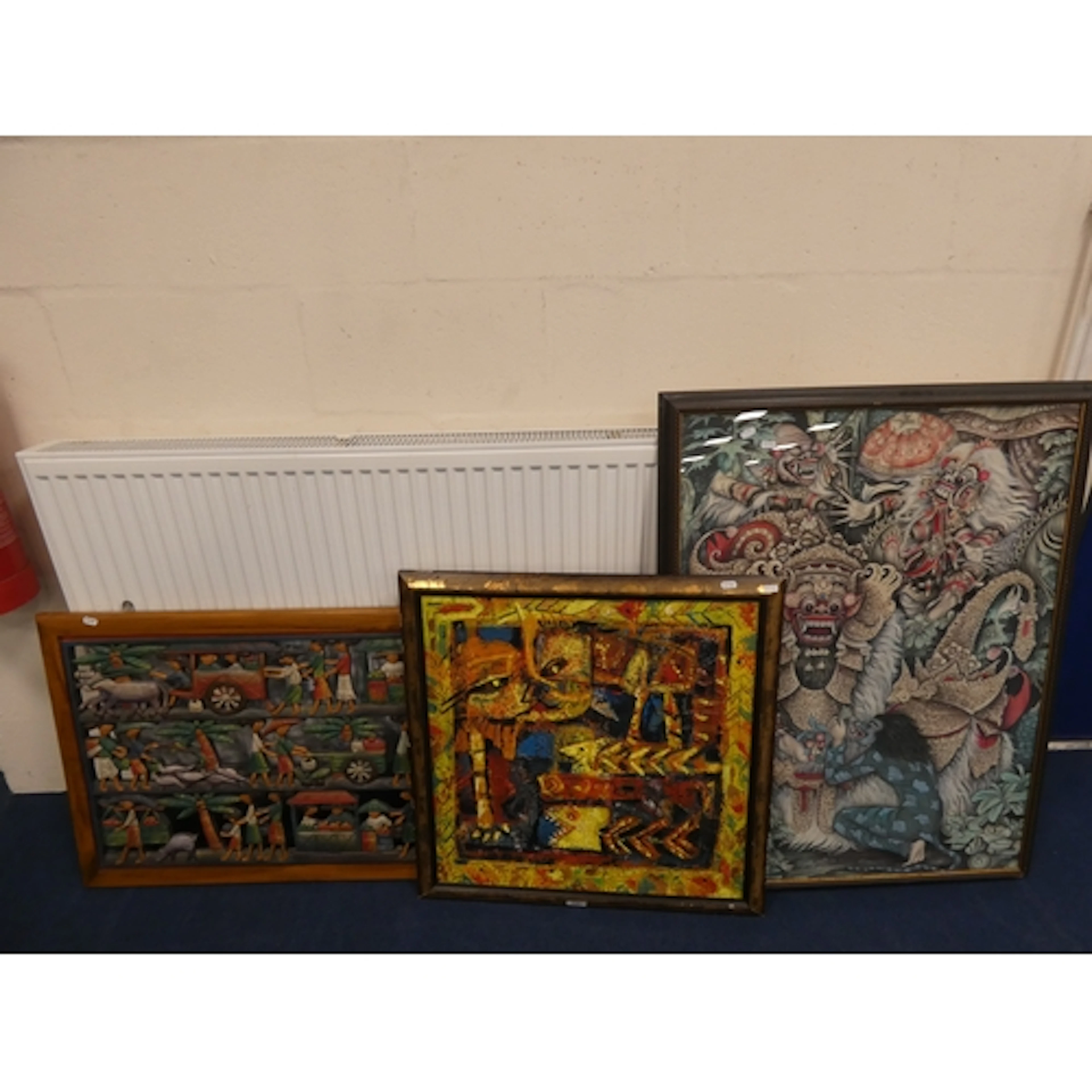 Abstract oil depicting masks and fish, South East Asian pain...
