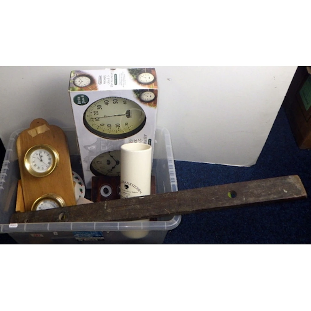 A box of misc collectables to inc clocks etc