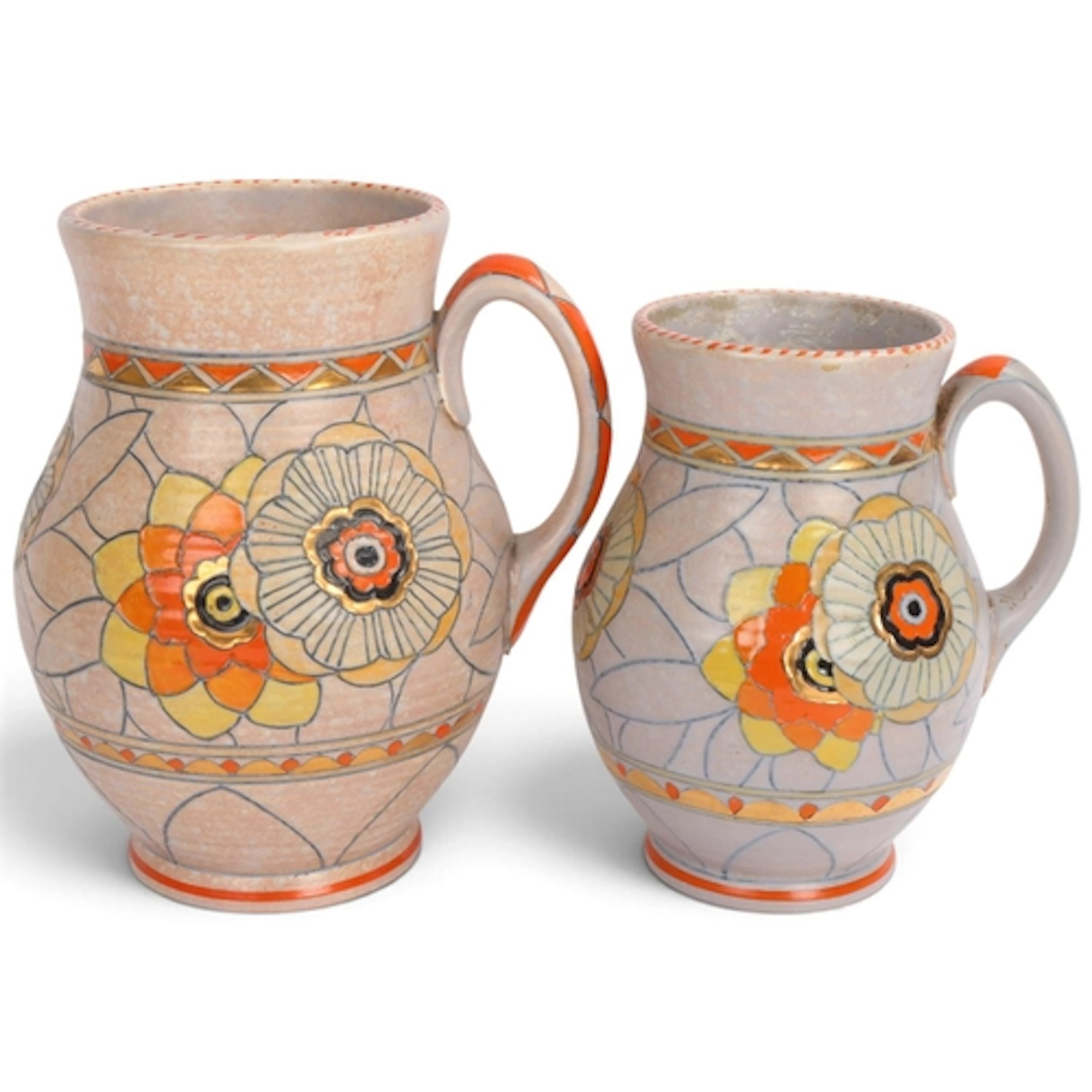CHARLOTTE RHEAD for Crown Ducal, two flower decorated handle...