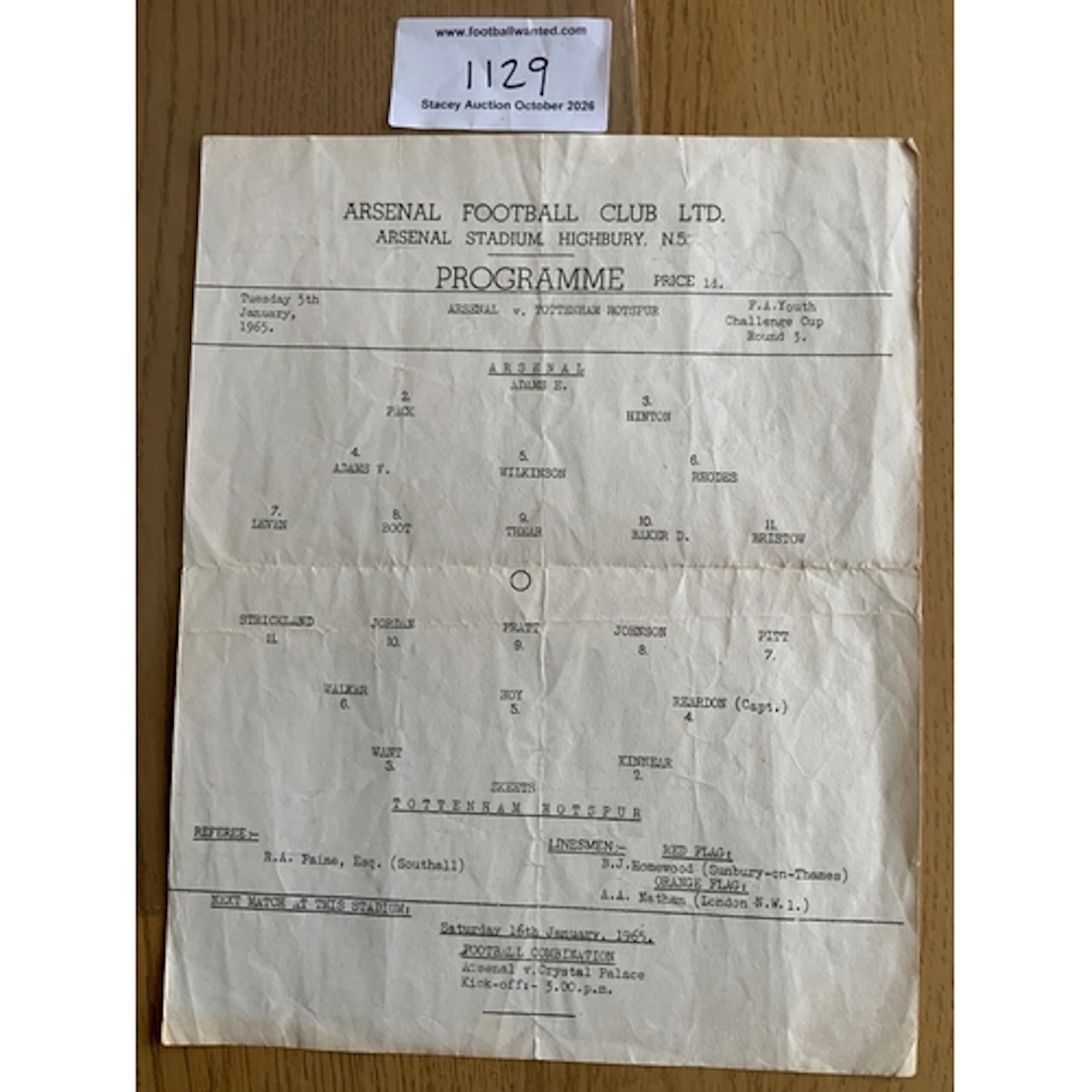64/65 Arsenal v Tottenham Youth Cup Football Programme: Larg...