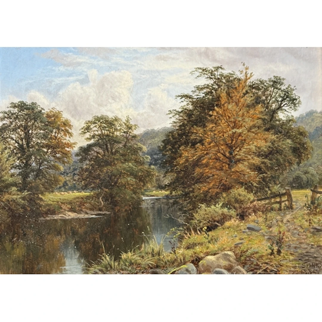 THOMAS SPINKS: WOODLAND RIVER LANDSCAPE Oil on canvas. 35.5c...