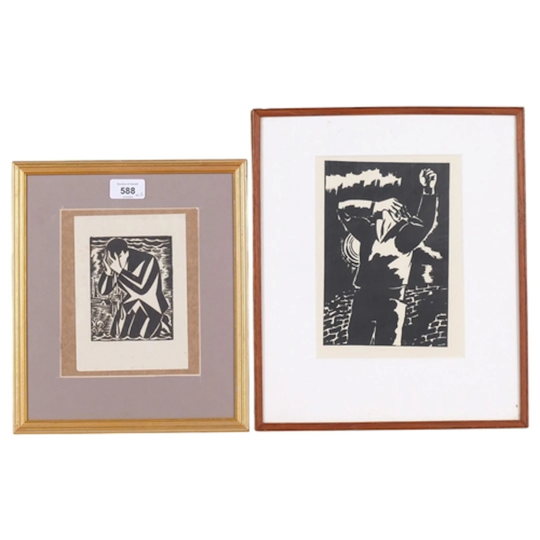 Frans Masereel, 2 woodcut prints, framed (2)