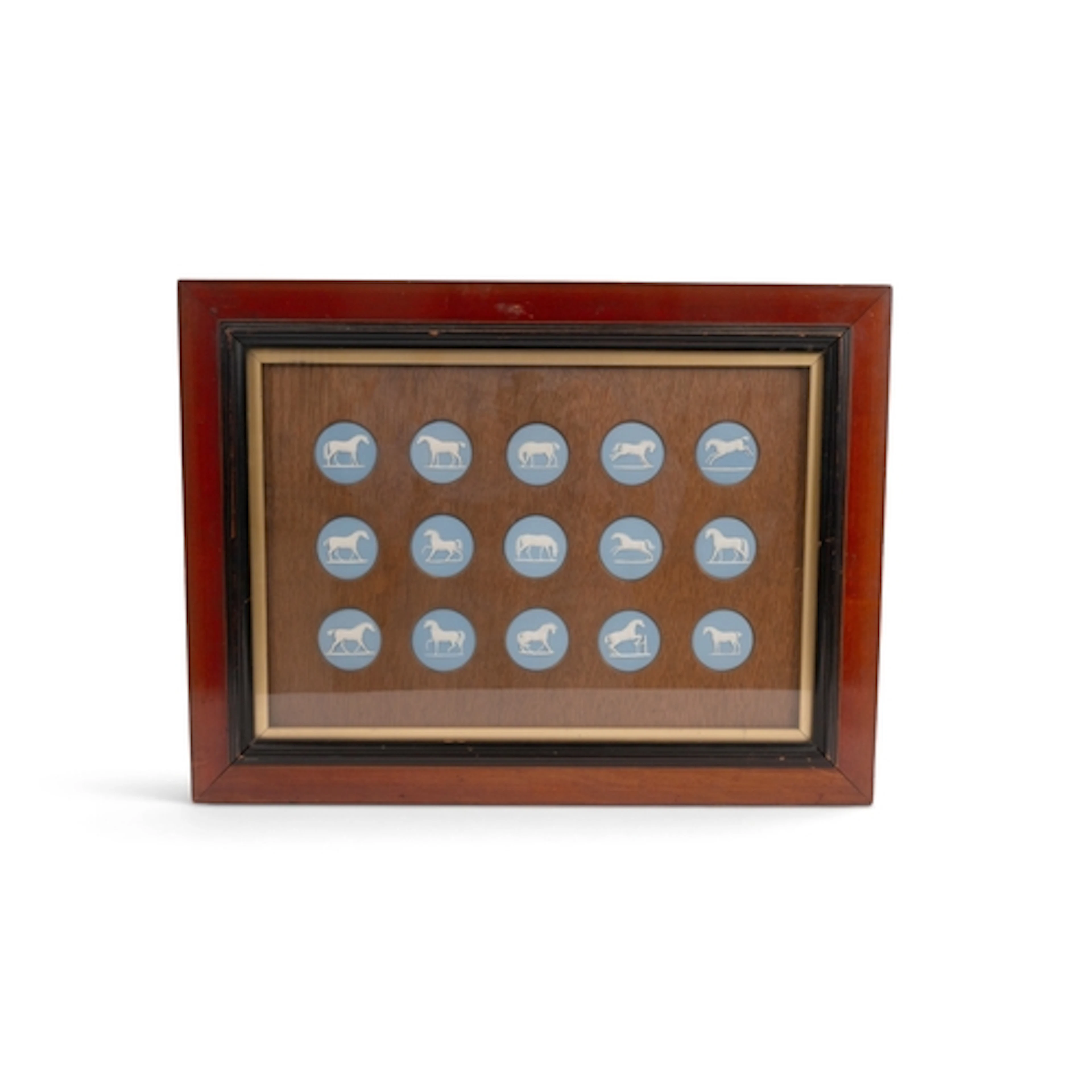 A framed set of fifteen Wedgwood Jasperware plaques and butt...