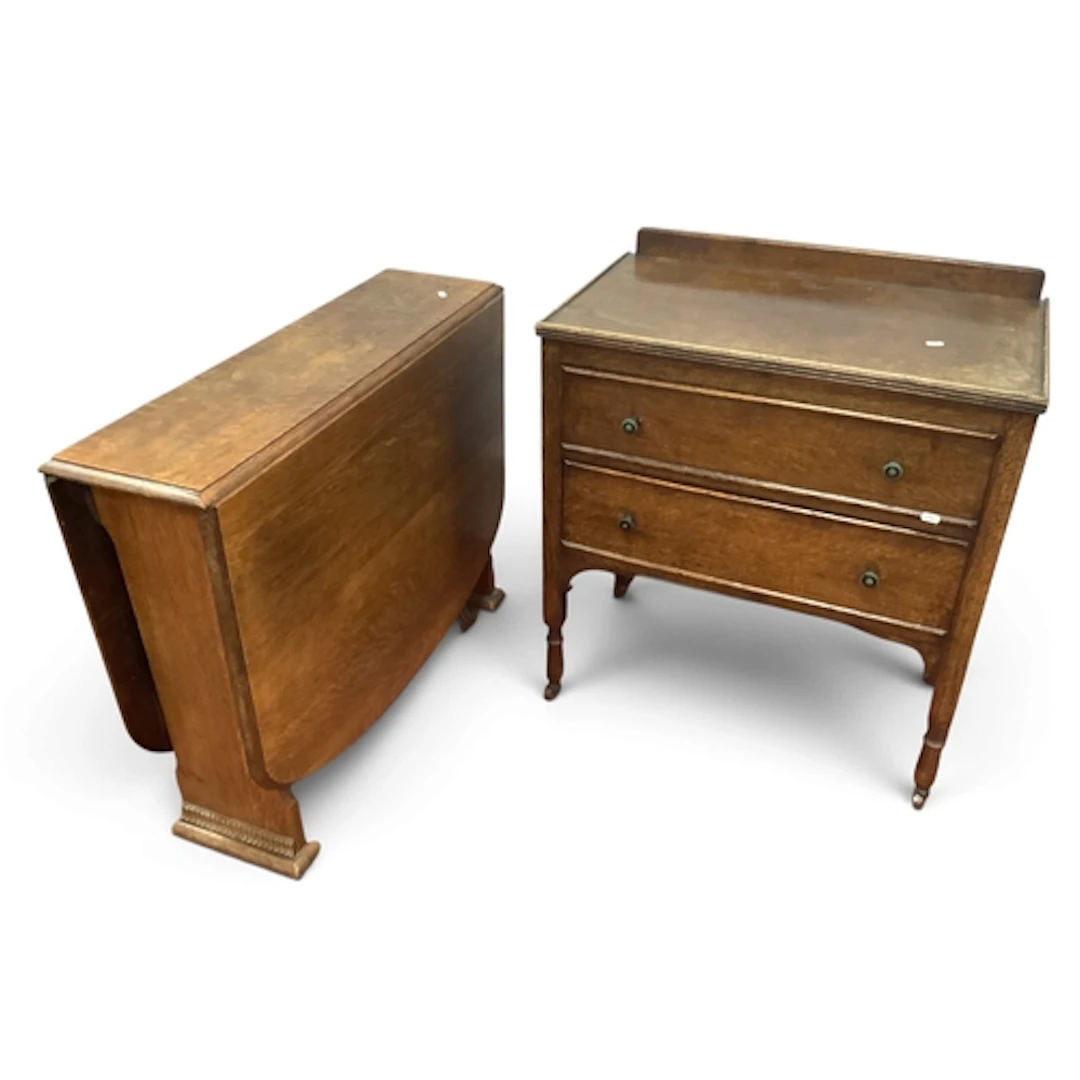 Oak Chest of two Drawers with low back, 75cm wide oak leaf t...