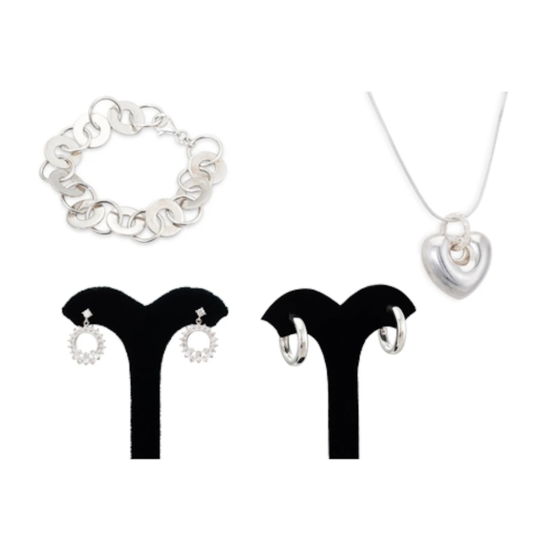 A PAIR OF SILVER HOOP EARRINGS, together with a silver heart...