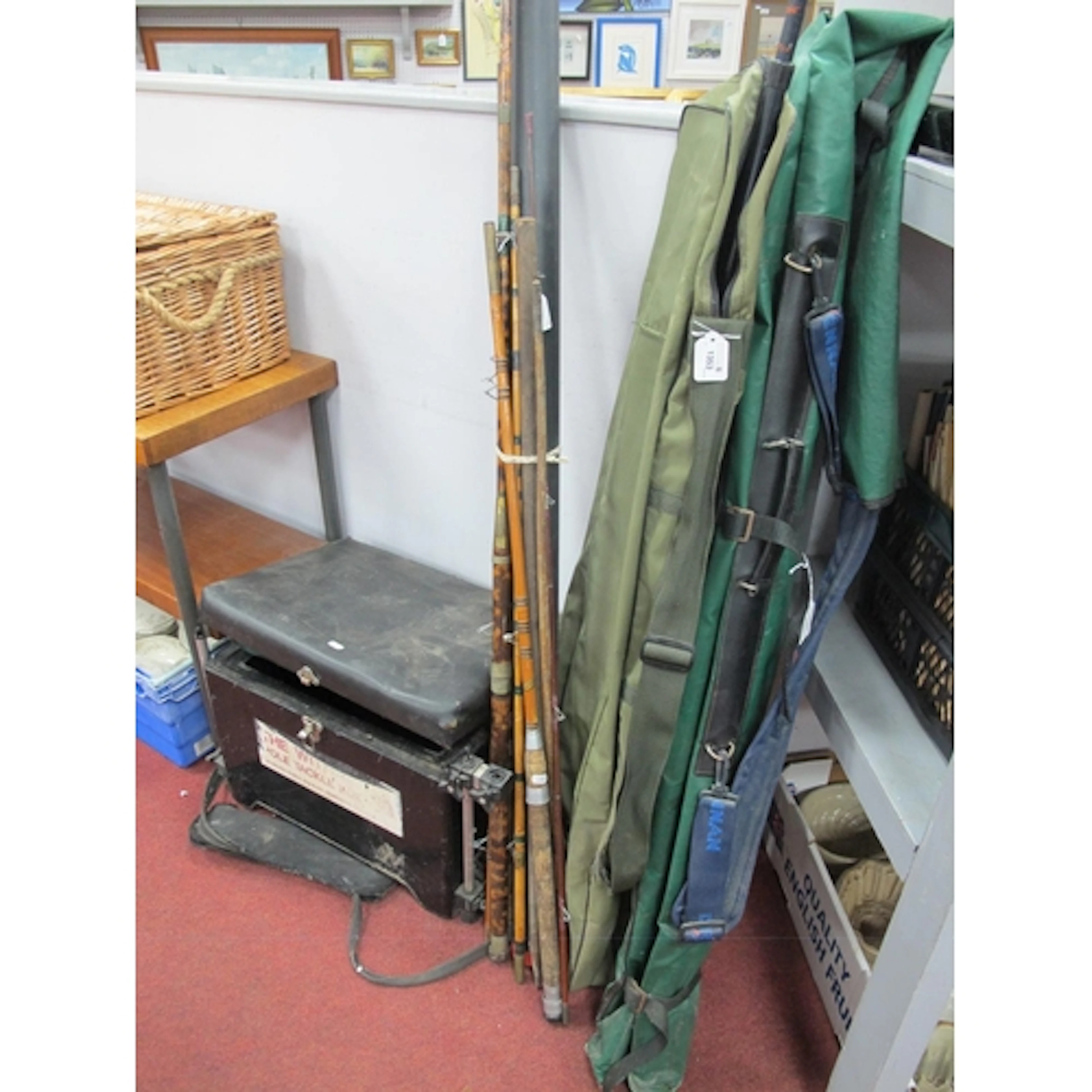 Fishing tackle and equipment, including black fishing seat b...