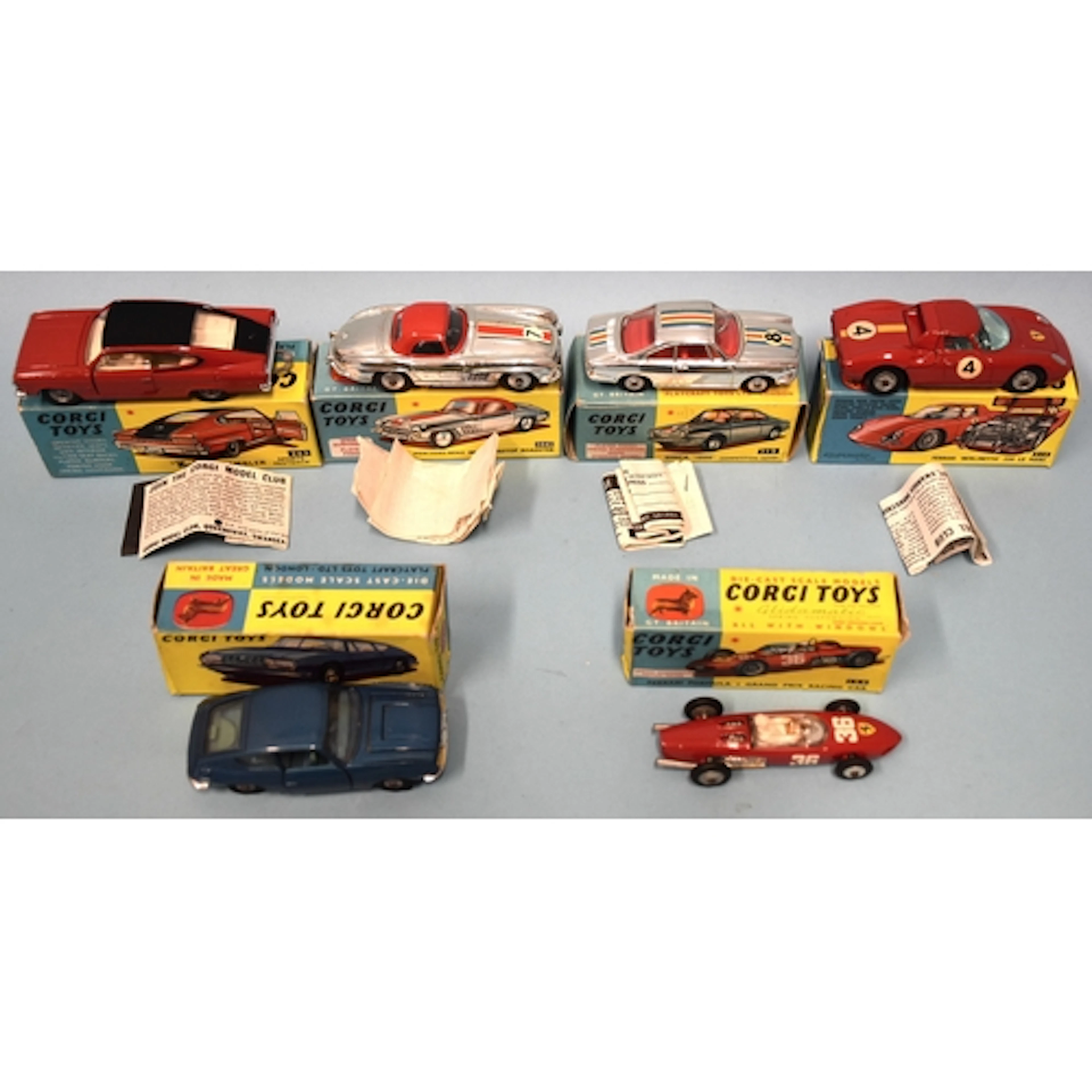 Corgi, six boxed sports and racing cars: 154 Ferrari, 263 Ma...