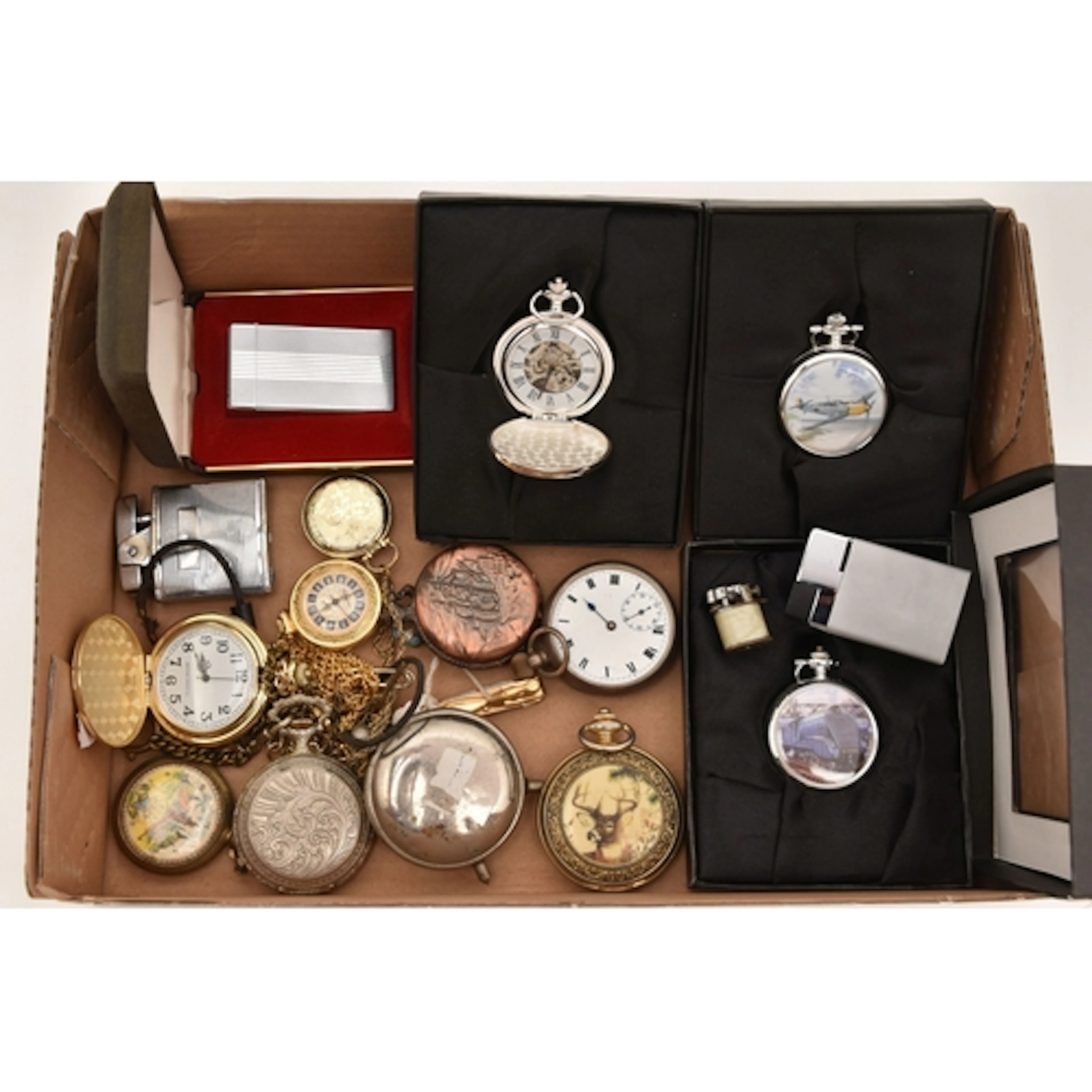 A SILVER OPEN FACE POCKET WATCH, QUANTITY OF NOVELTY POCKET ...