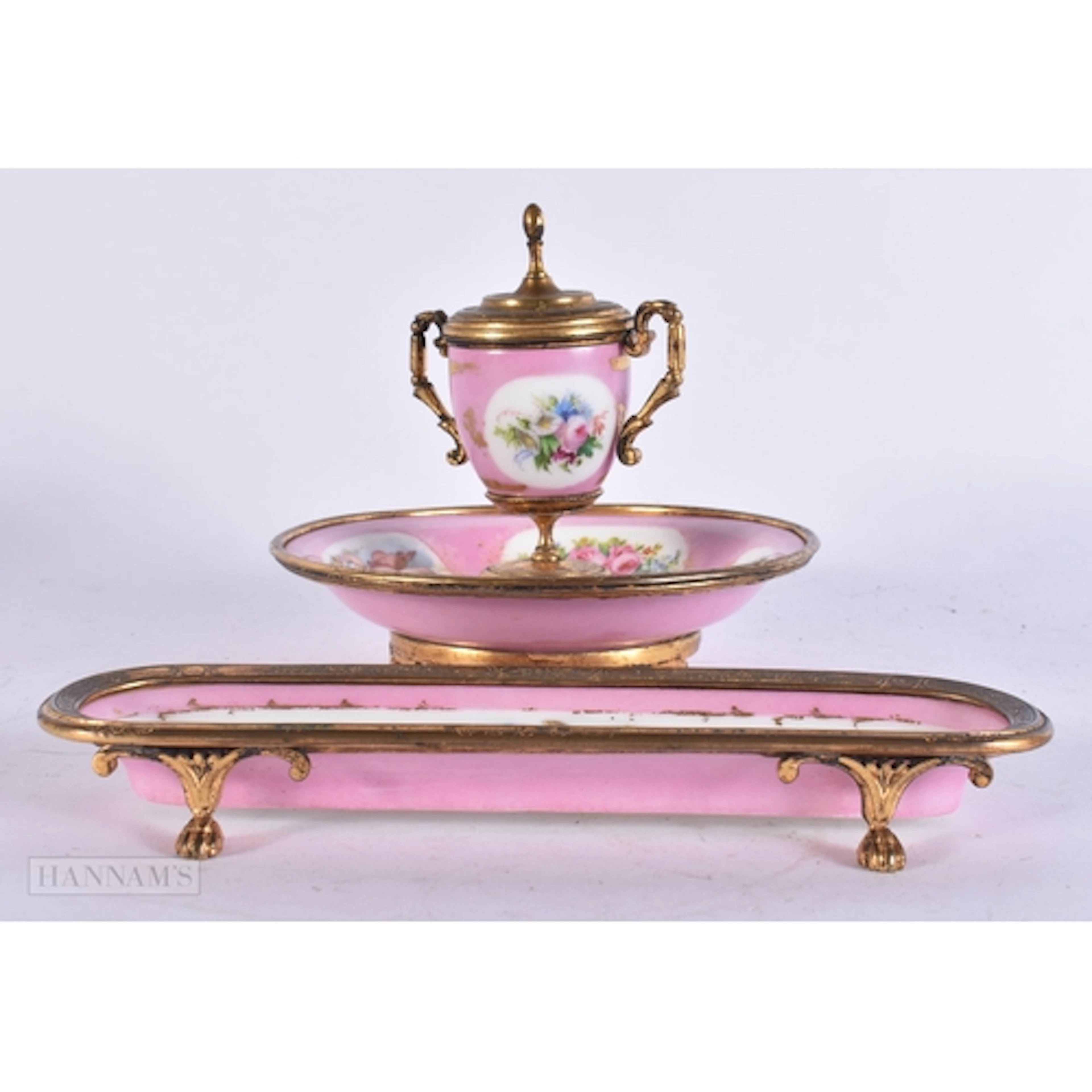 A 19TH CENTURY FRENCH PARIS PORCELAIN INKWELL with matching ...