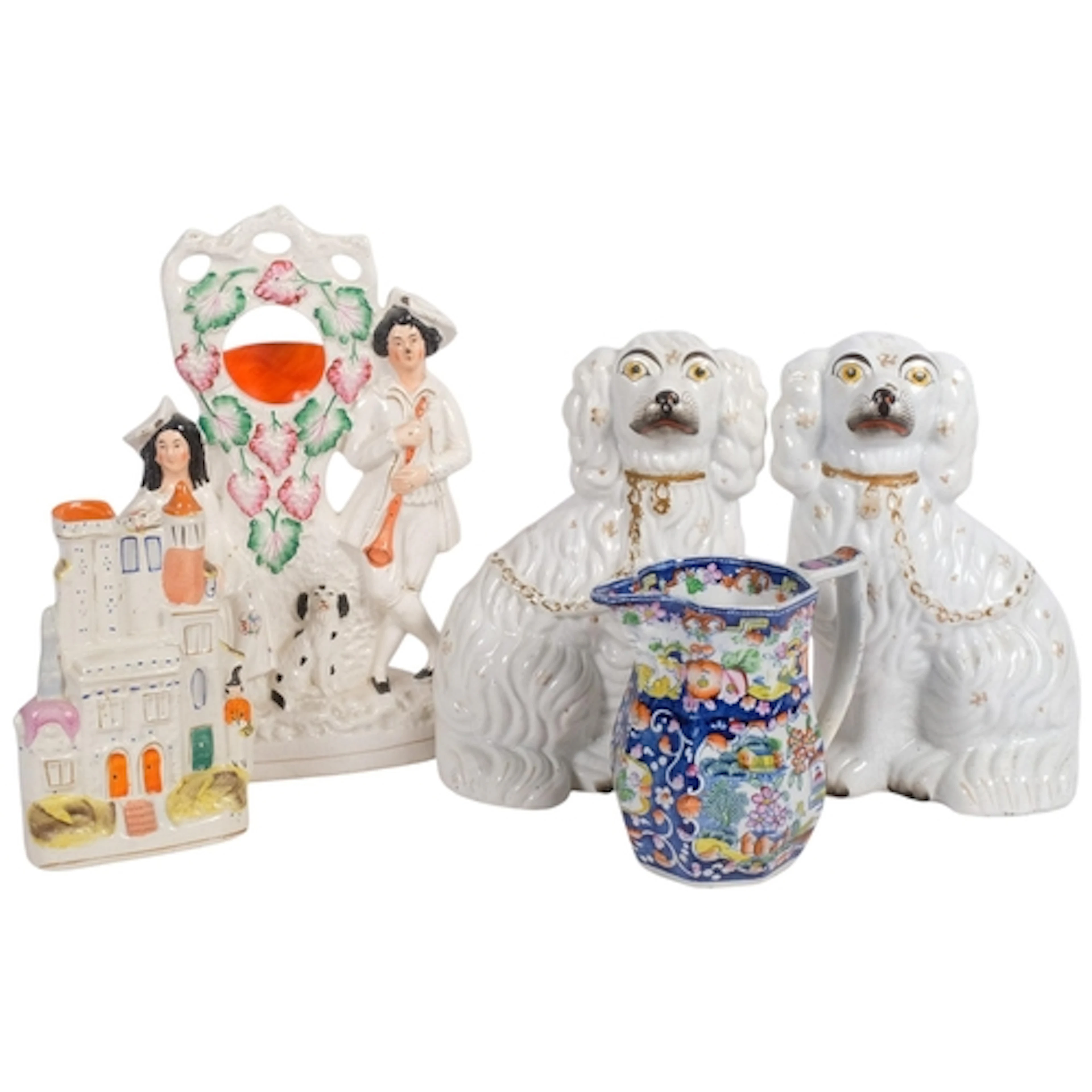 A pair of Victorian Staffordshire mantel Spaniels, a Victori...
