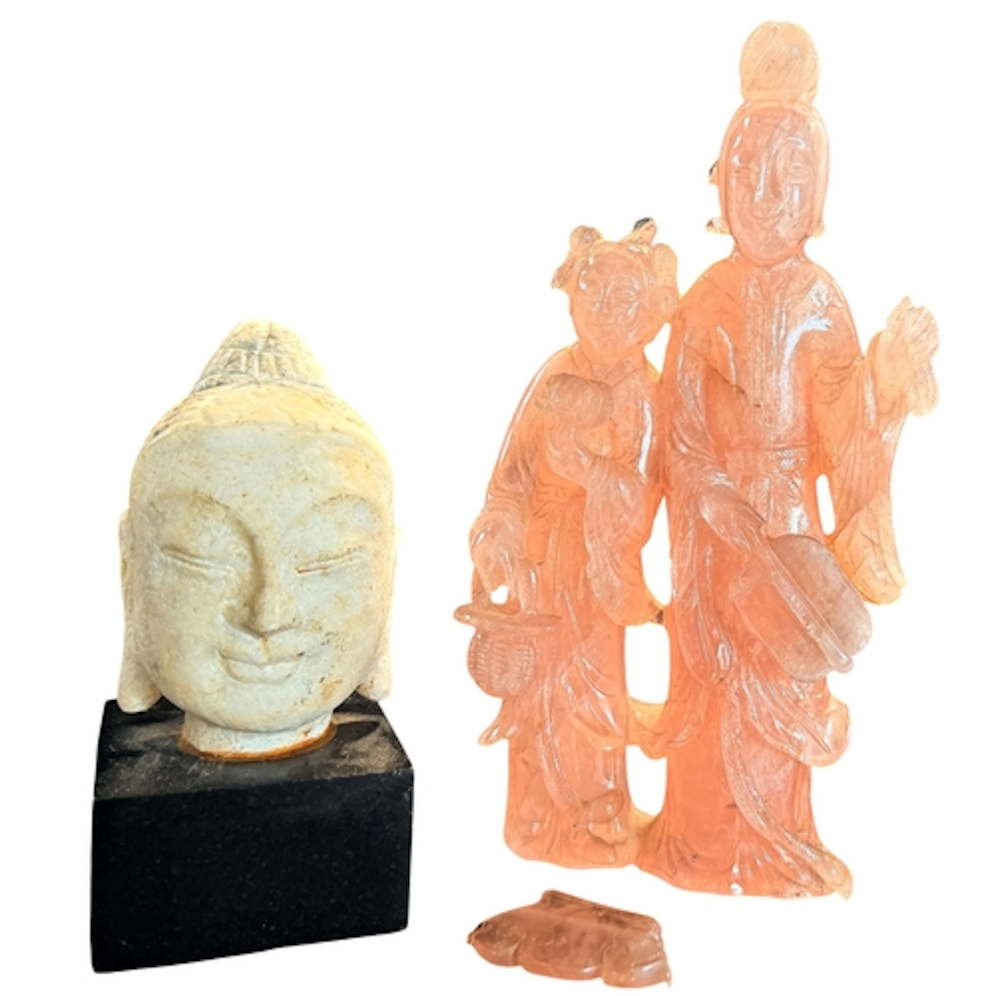 A Chinese carved rose quartz figural group and a South East ...