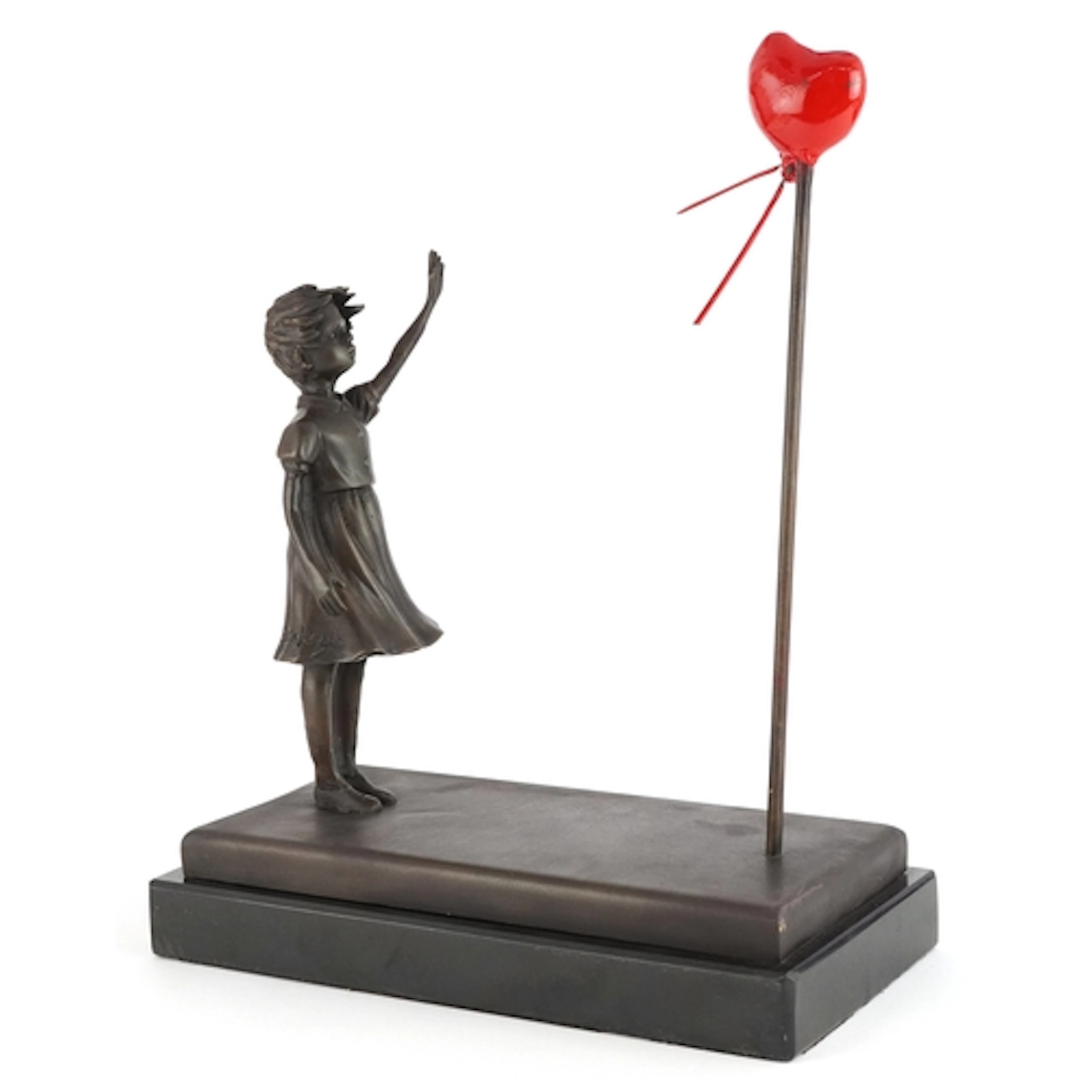 After Banksy, patinated bronze study of a girl with a red he...