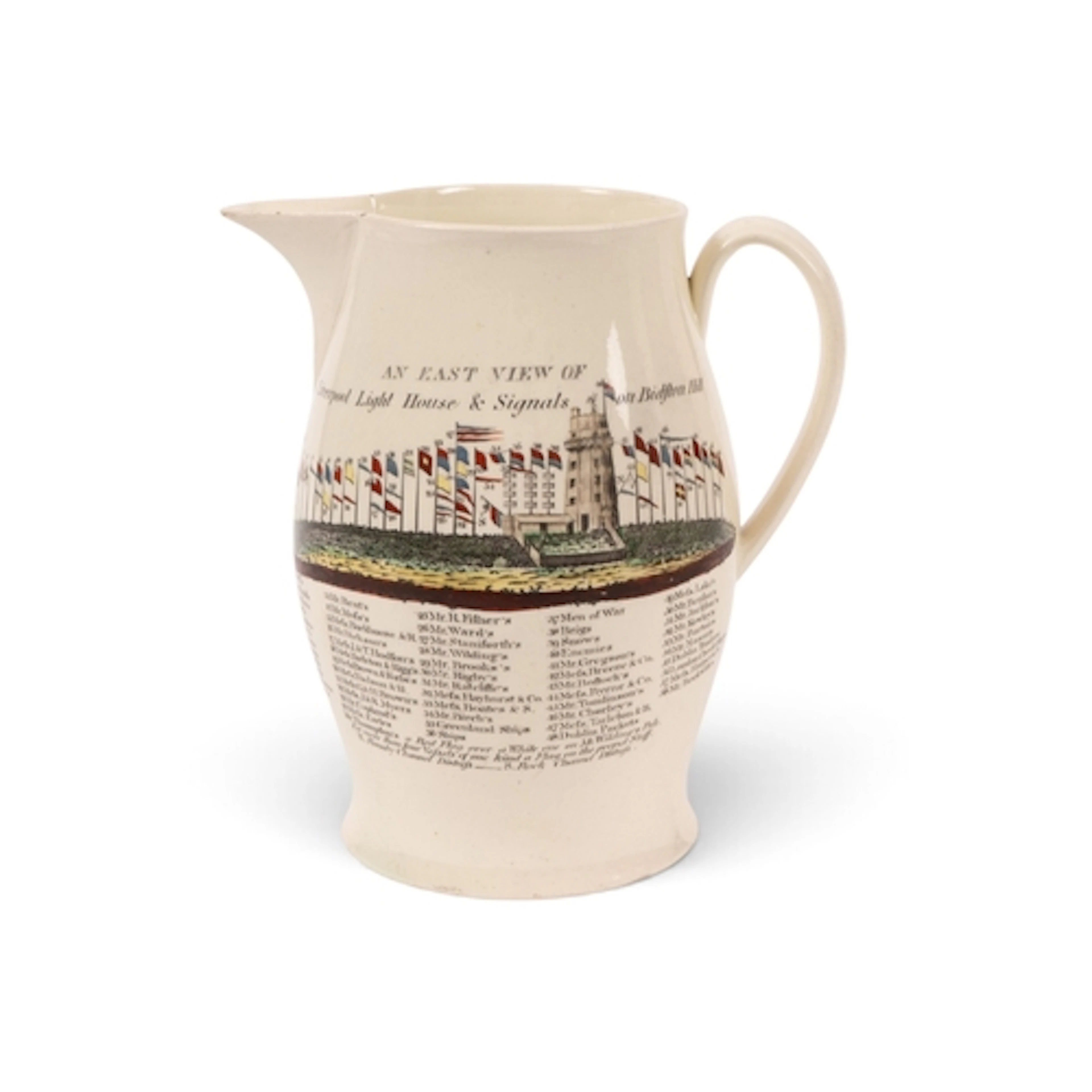 A Liverpool creamware jug, c.1793-1800, decorated with 'An E...