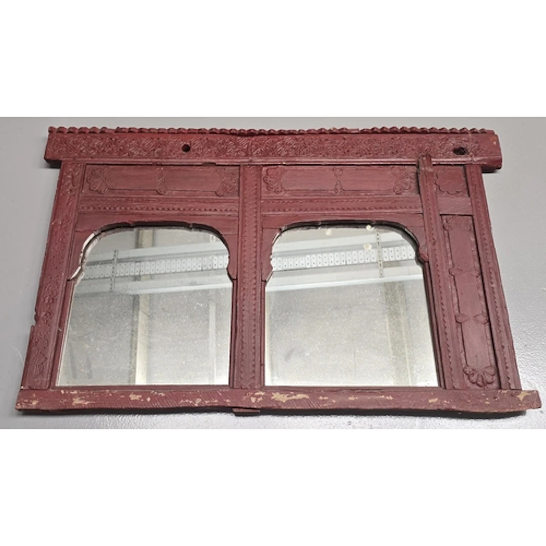 A vintage rustic hand carved Indian wooden mirror featuring ...