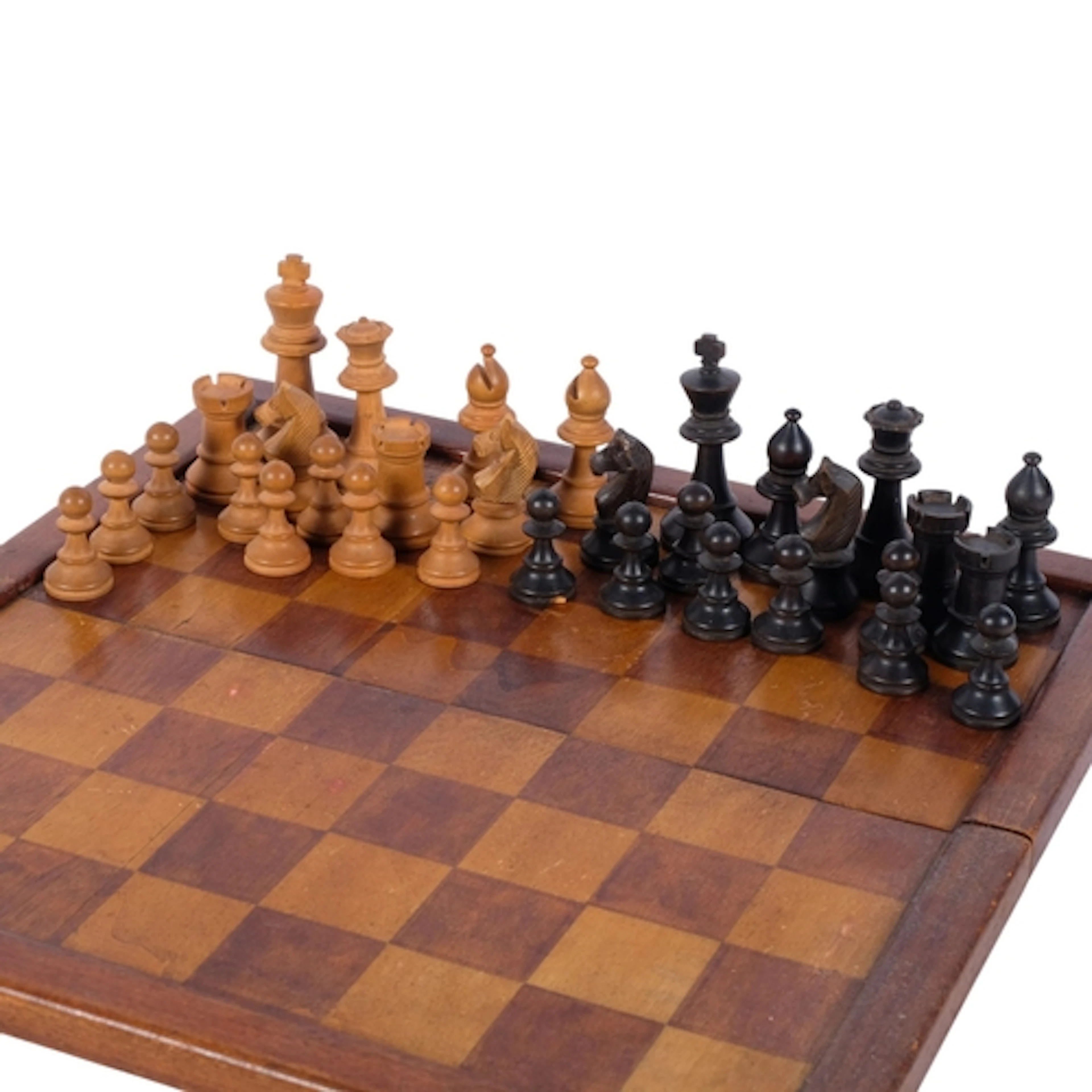 A Vintage turned wood chess set, with folding board, King he...