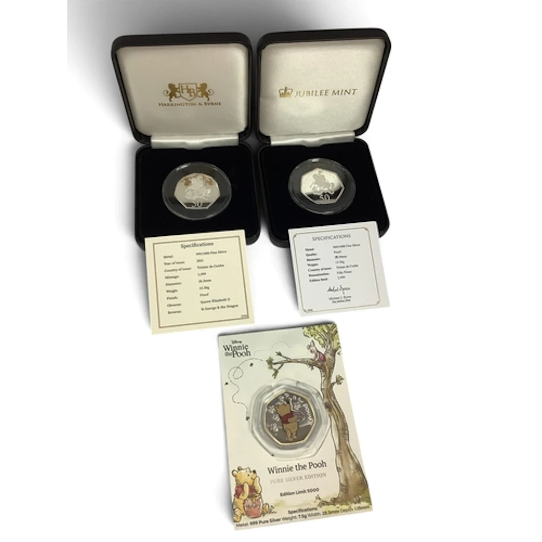 Three Fine Silver 50p Coins, includes a Disney Winnie the po...