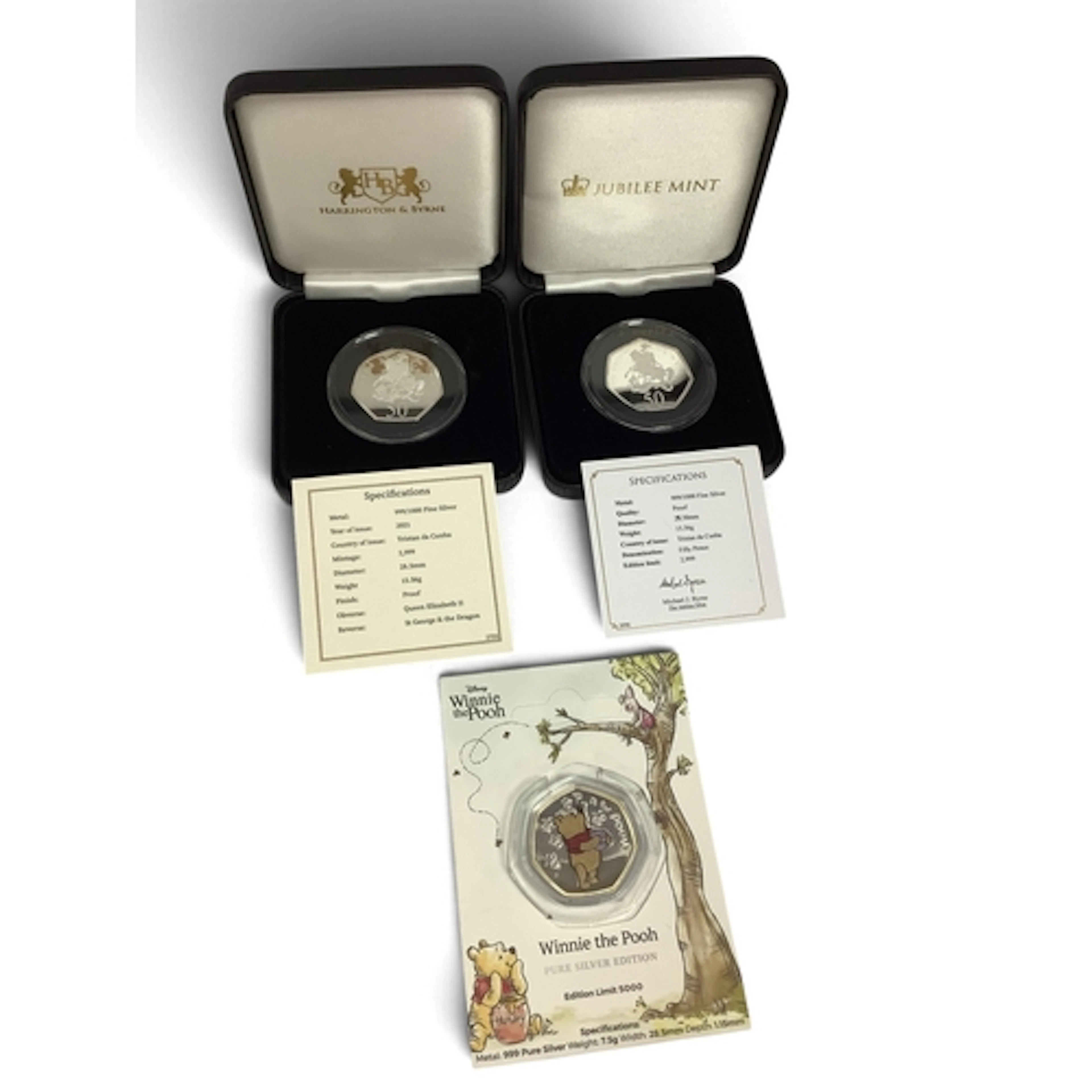 Three Fine Silver 50p Coins, includes a Disney Winnie the po...