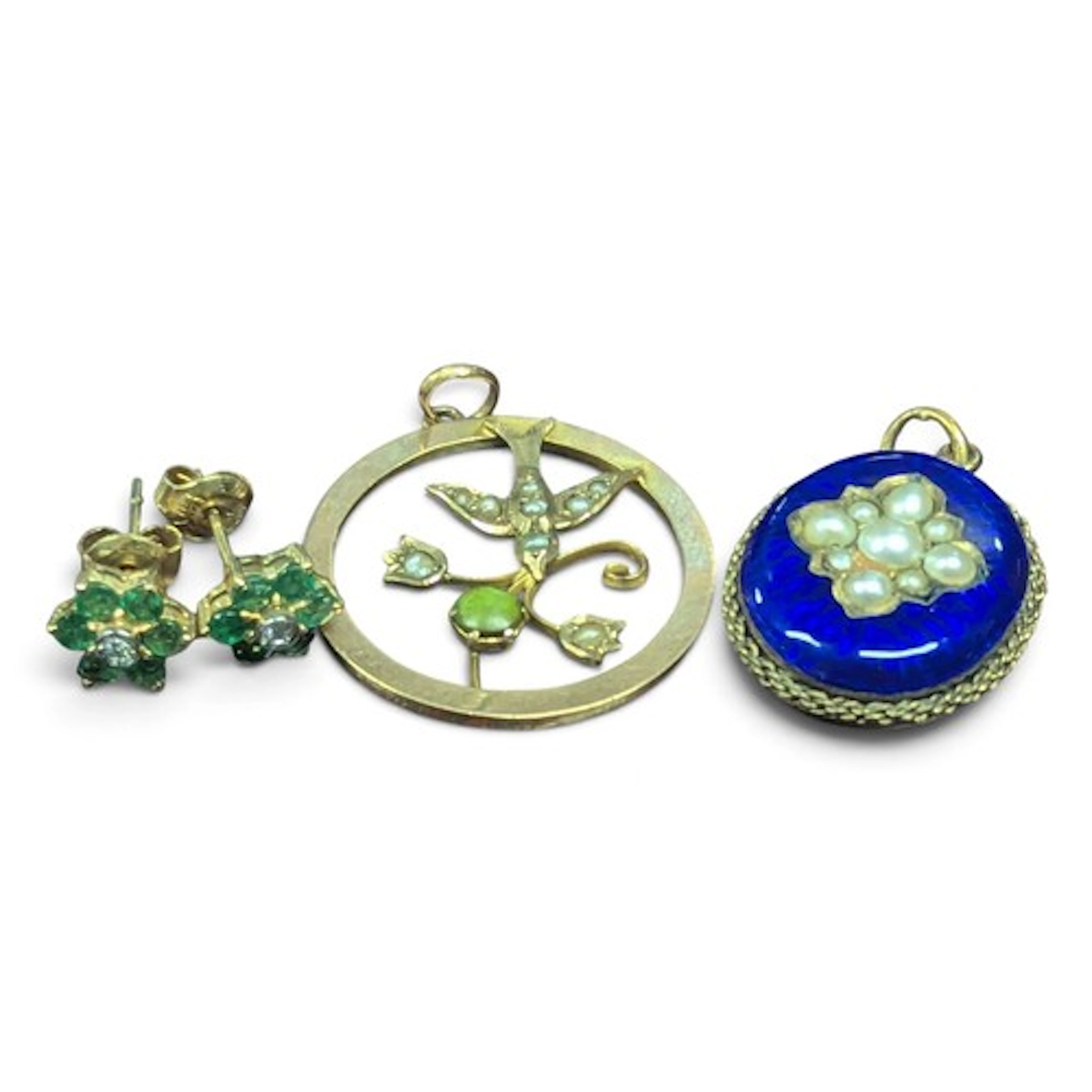 A 9ct gold seed pearl & green stone swallow and floral penda...