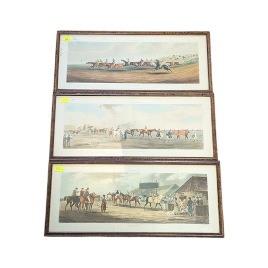Set of 3 coloured aquatint engravings, horse racing interest...