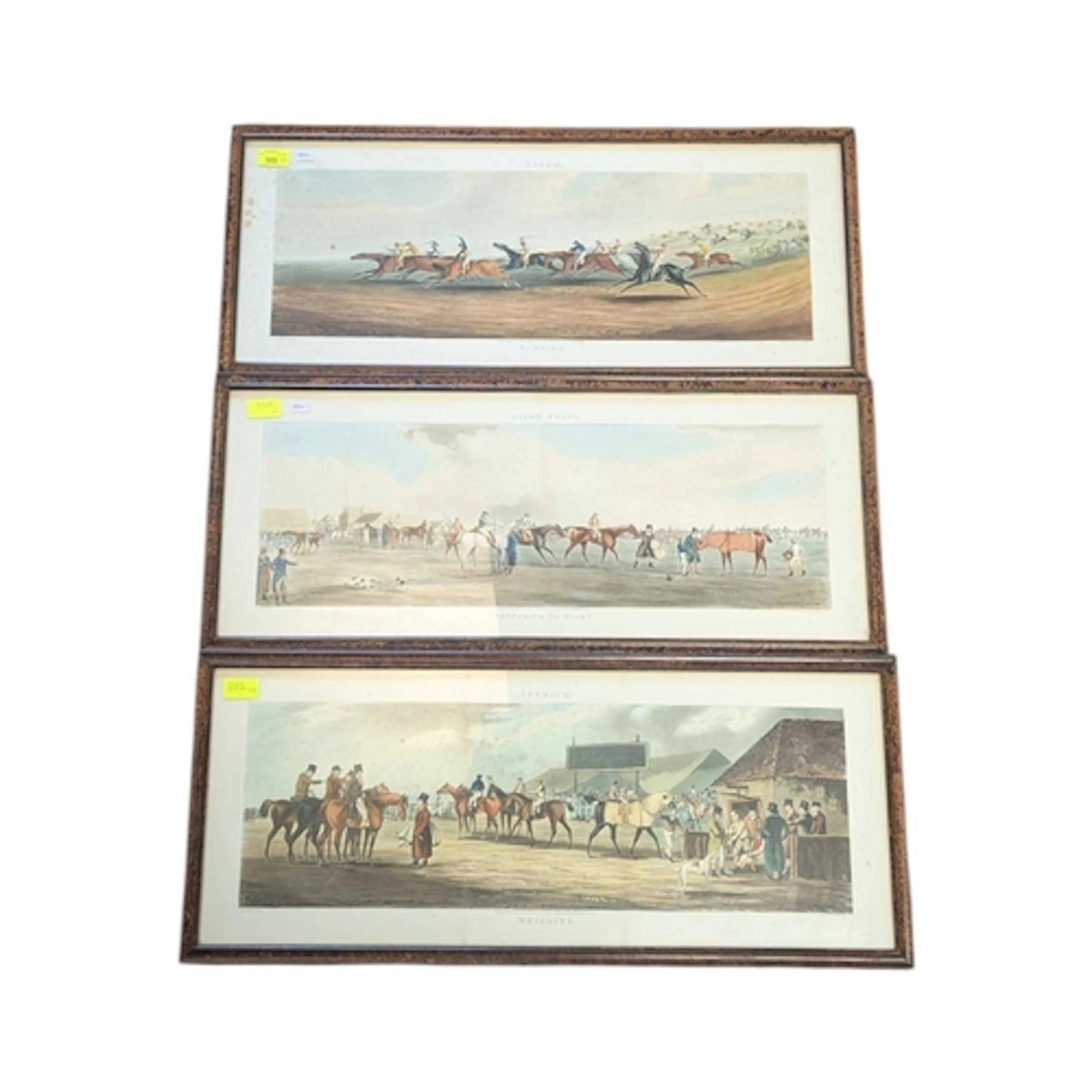 Set of 3 coloured aquatint engravings, horse racing interest...