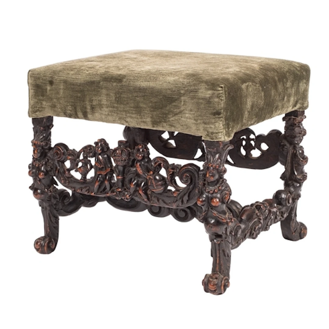 A Carolean carved walnut and upholstered stool, basically la...