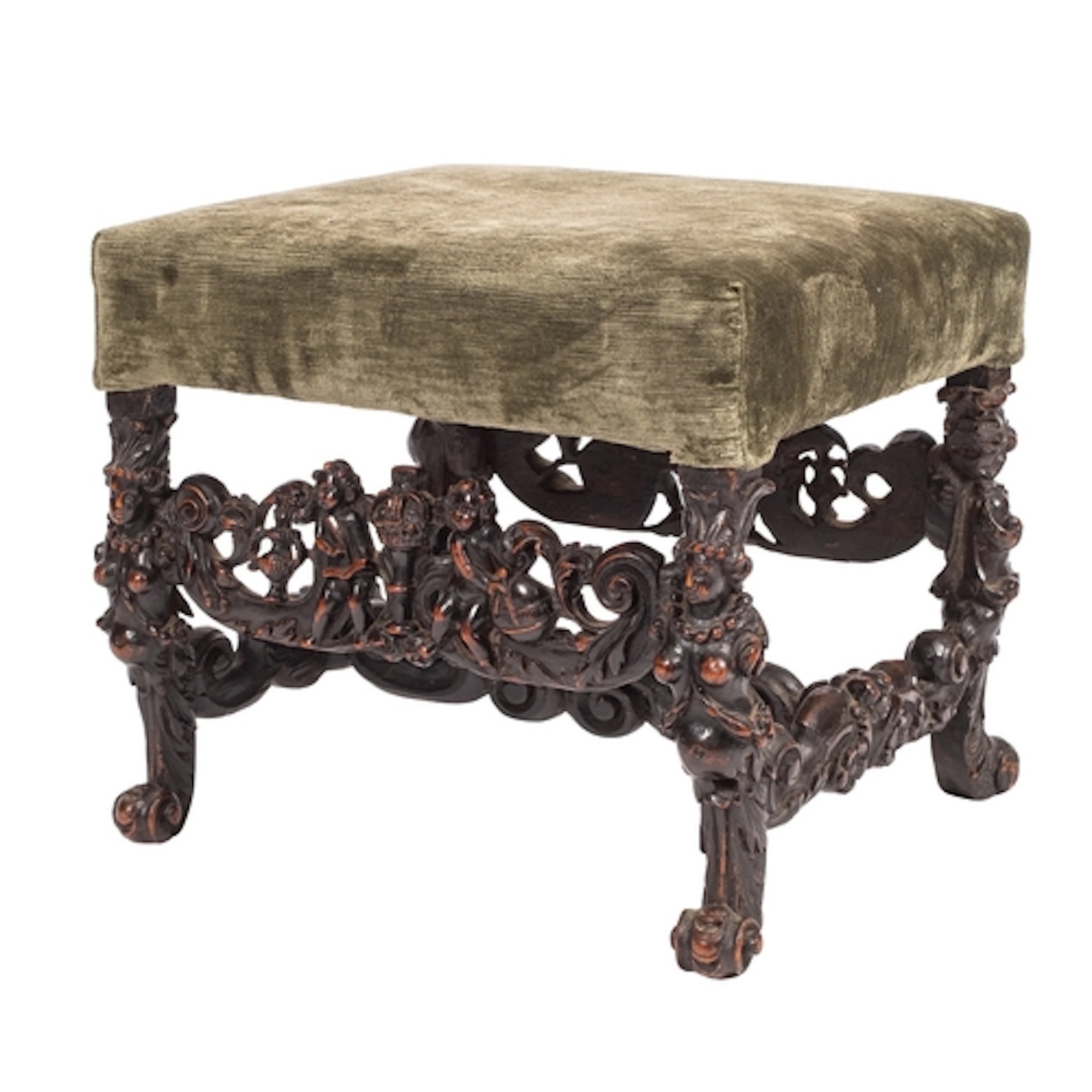 A Carolean carved walnut and upholstered stool, basically la...