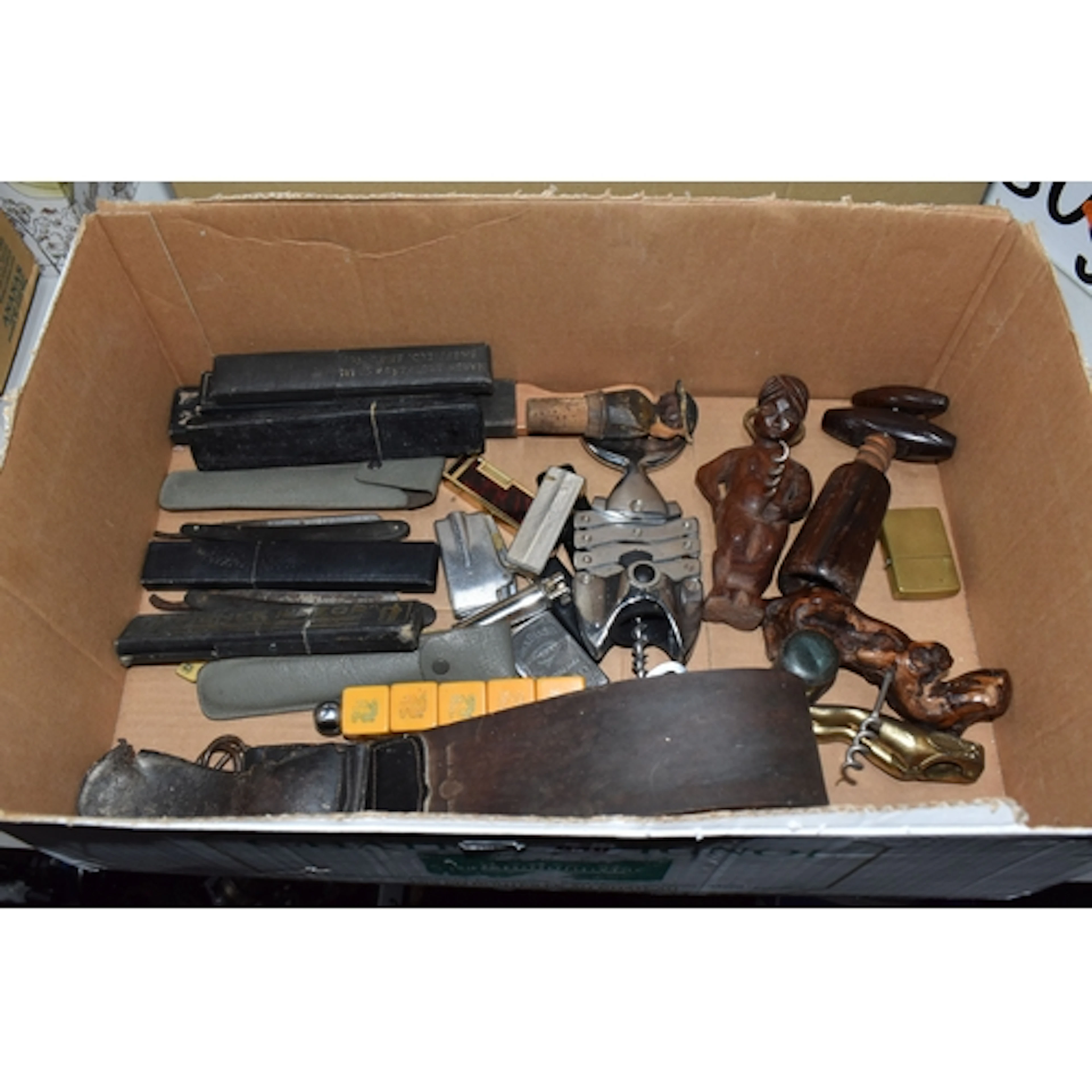 A BOX OF VINTAGE CORKSCREWS, RAZORS, AND LIGHTERS ETC to inc...