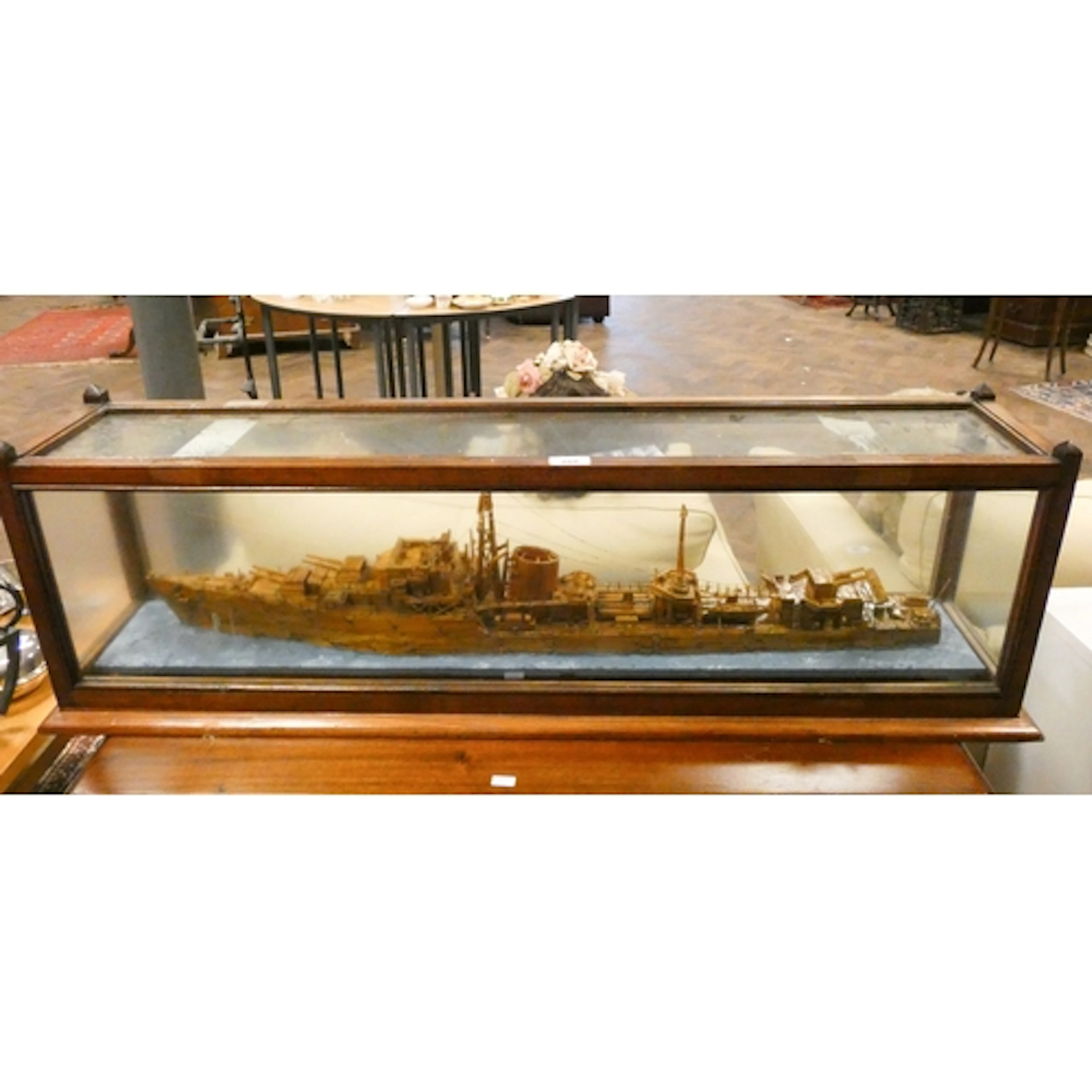 Matchstick model of a gun boat in vintage oak glazed case