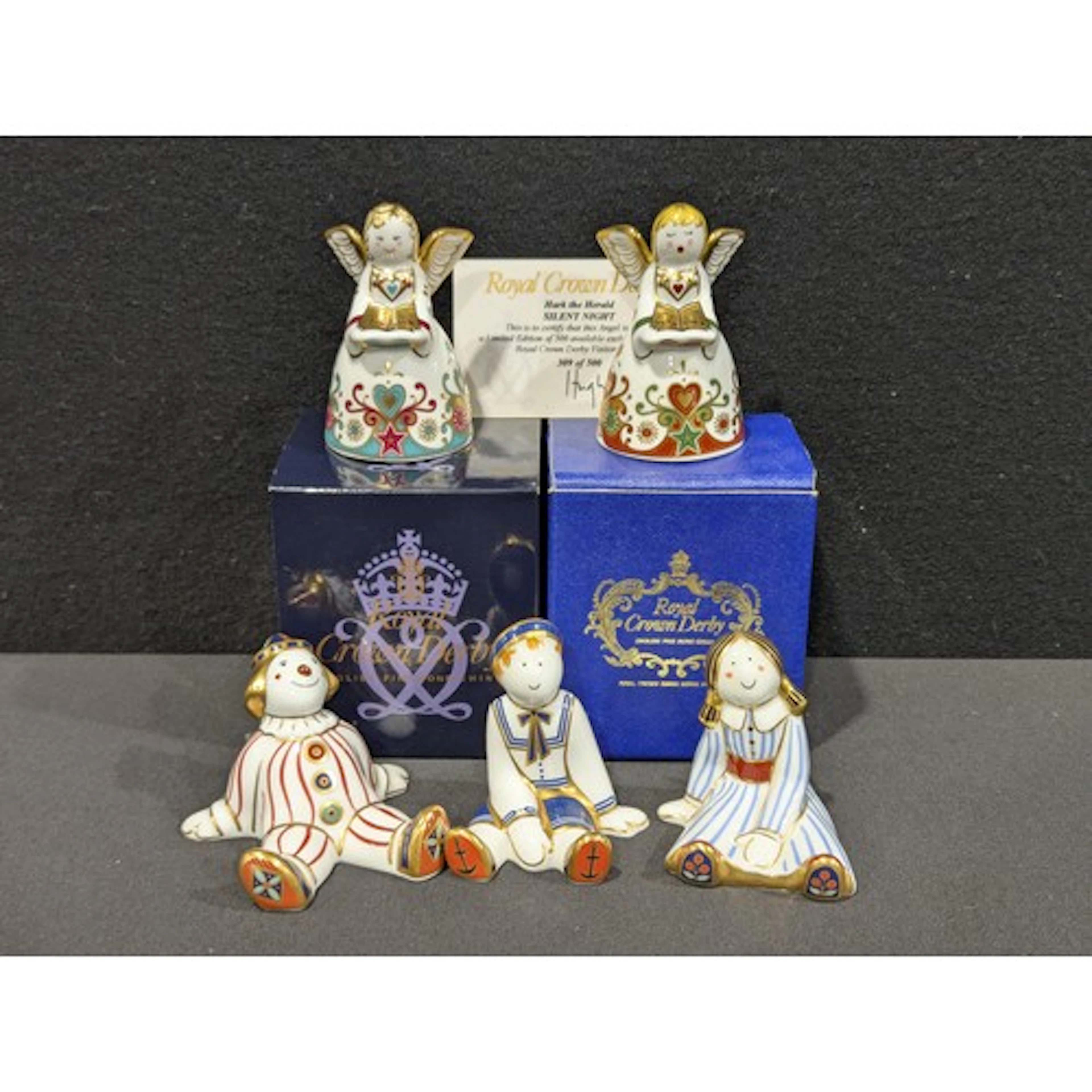 Three Royal Crown Derby Treasures of Childhood figures, Ragd...