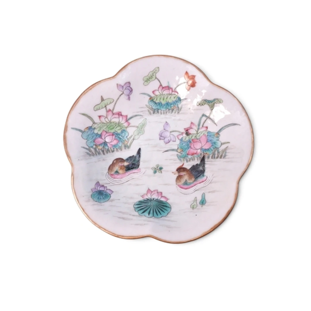 A Canton lobed comport Painted with ducks and aquatic ...
