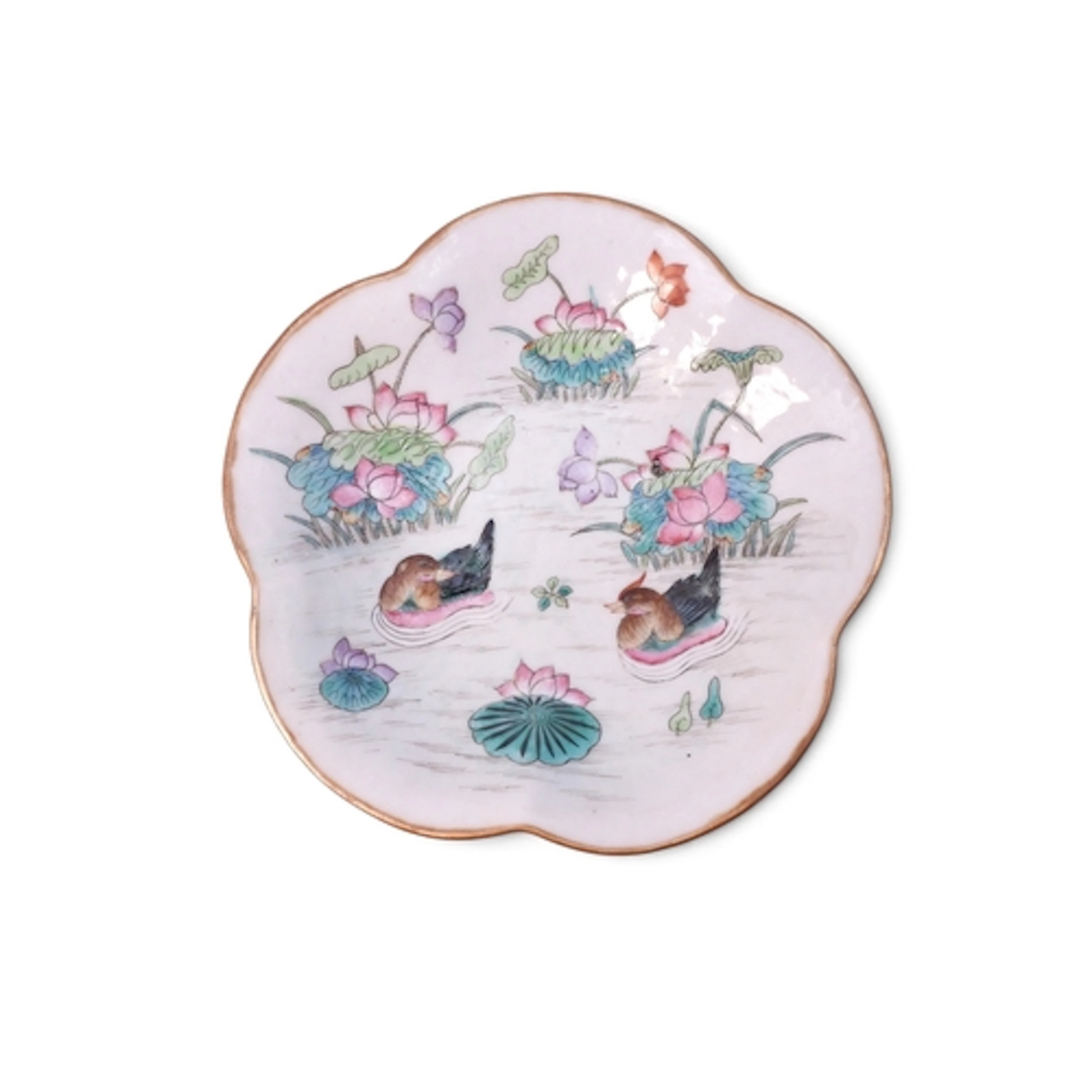 A Canton lobed comport Painted with ducks and aquatic ...