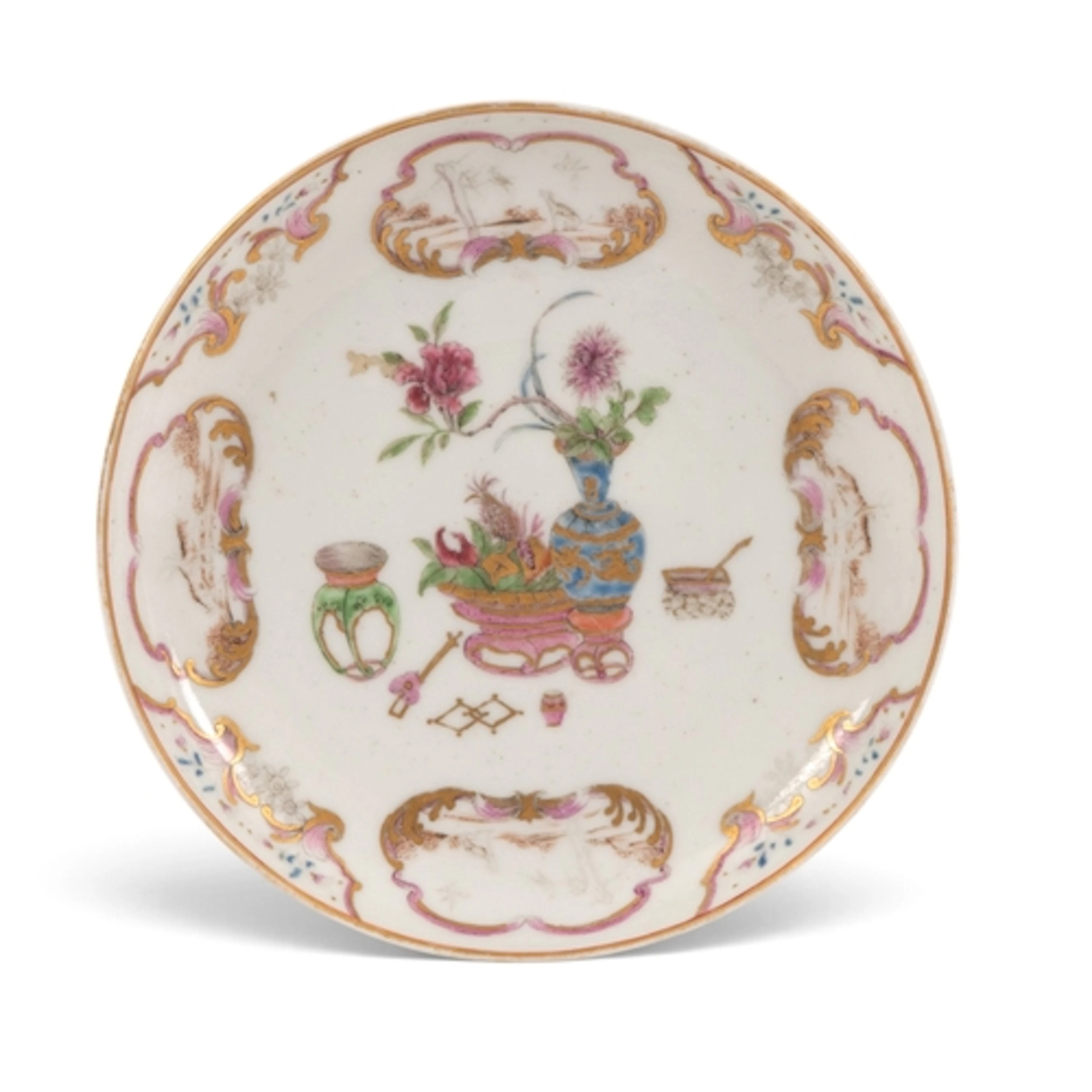 A rare Vauxhall small saucer, c.1755-60, decorated with Chin...