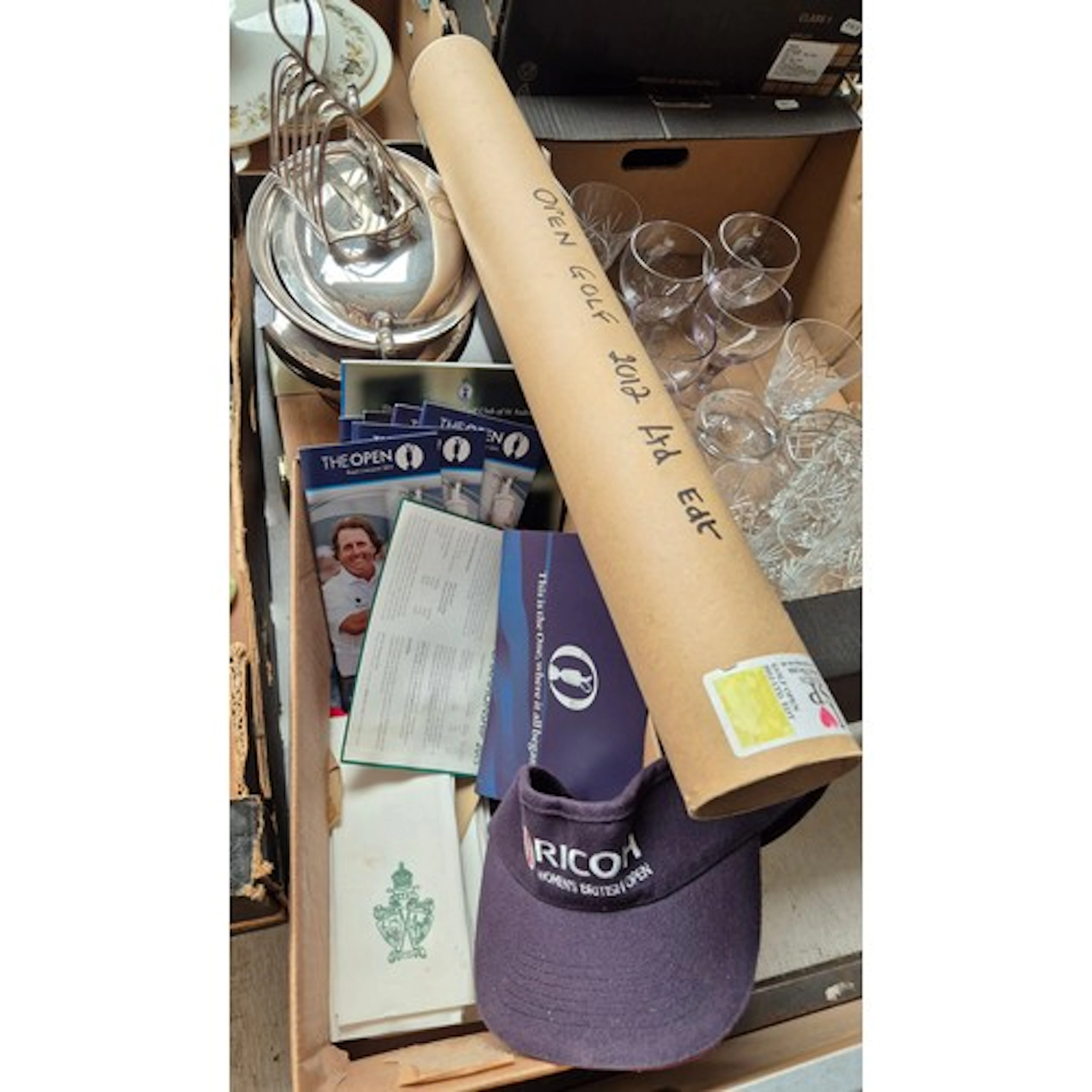 Box of Open Golf memorabilia, some EPNS and a watercolour bo...