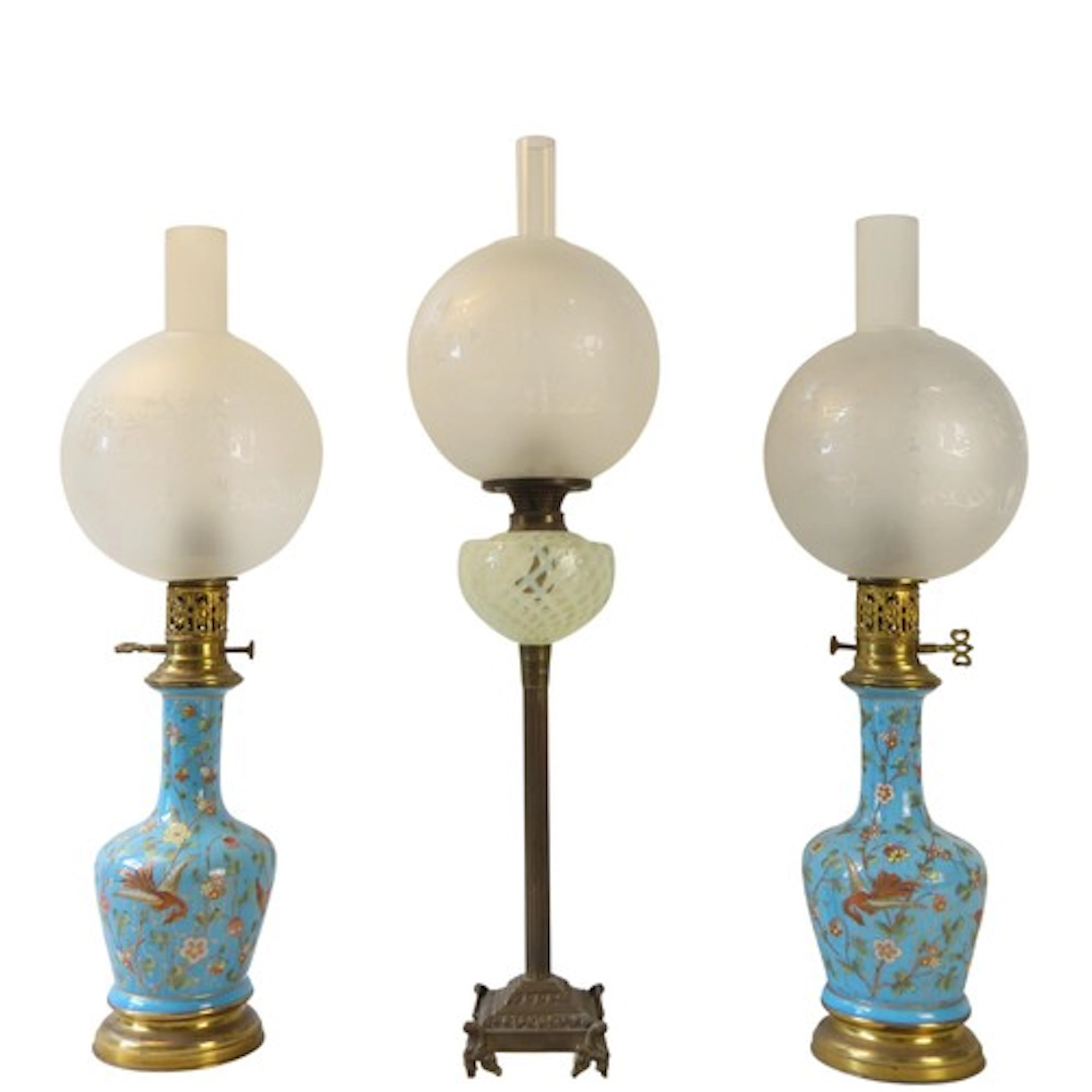 A PAIR OF FRENCH GLASS OIL LAMPS LATE 19TH/EARLY 20TH CENTUR...