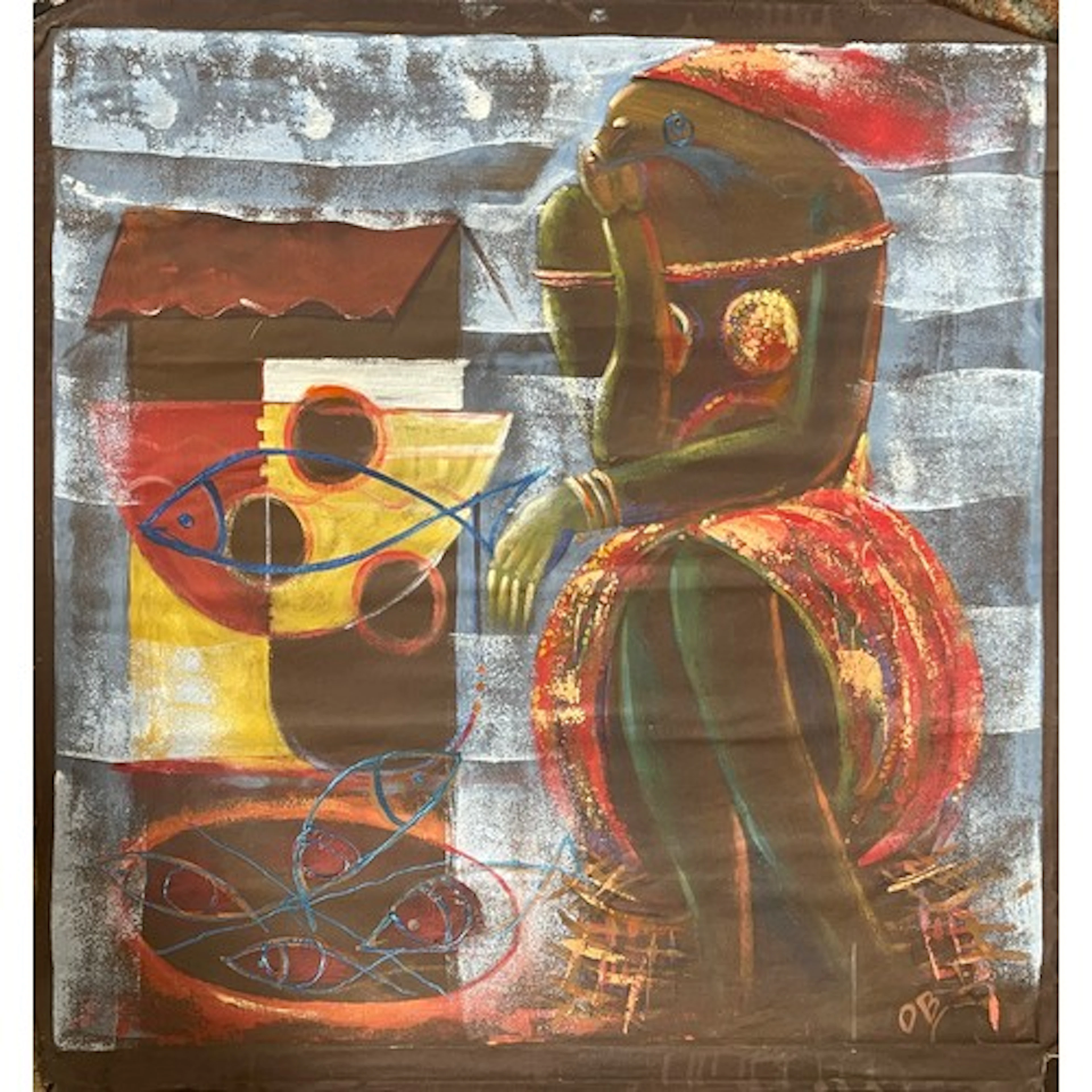 O B (Contemporary Ghanaian artist) “Fishmonger”, signed lowe...