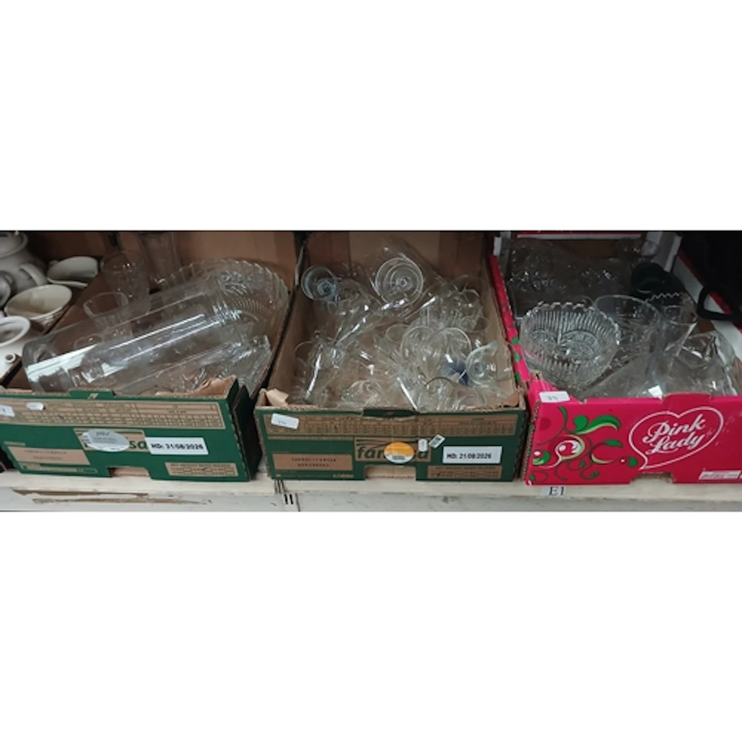 3 boxes of glass wares including vases, drinking glasses etc...