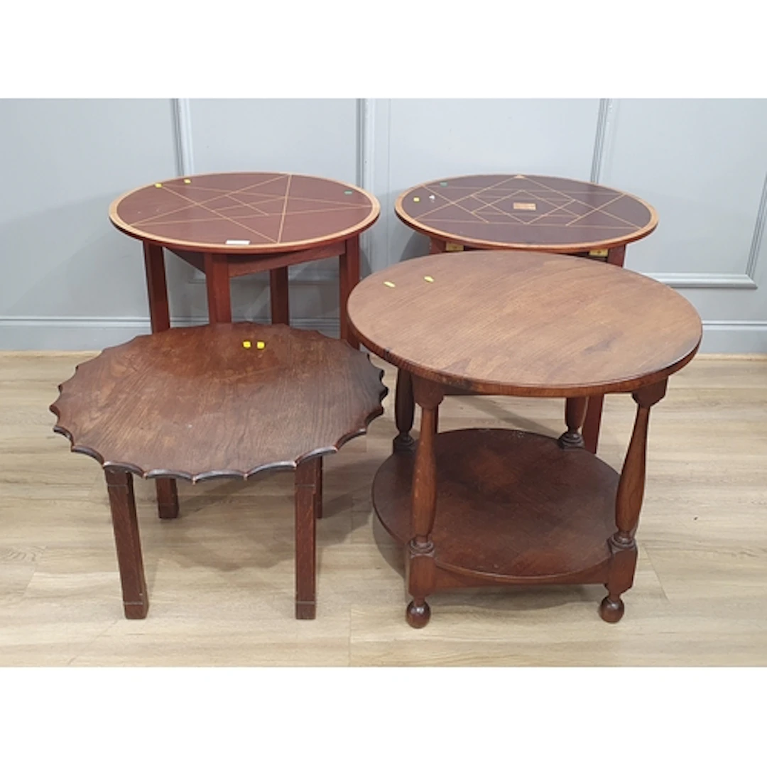 A pair of modern circular topped side Tables, a two tier oak...
