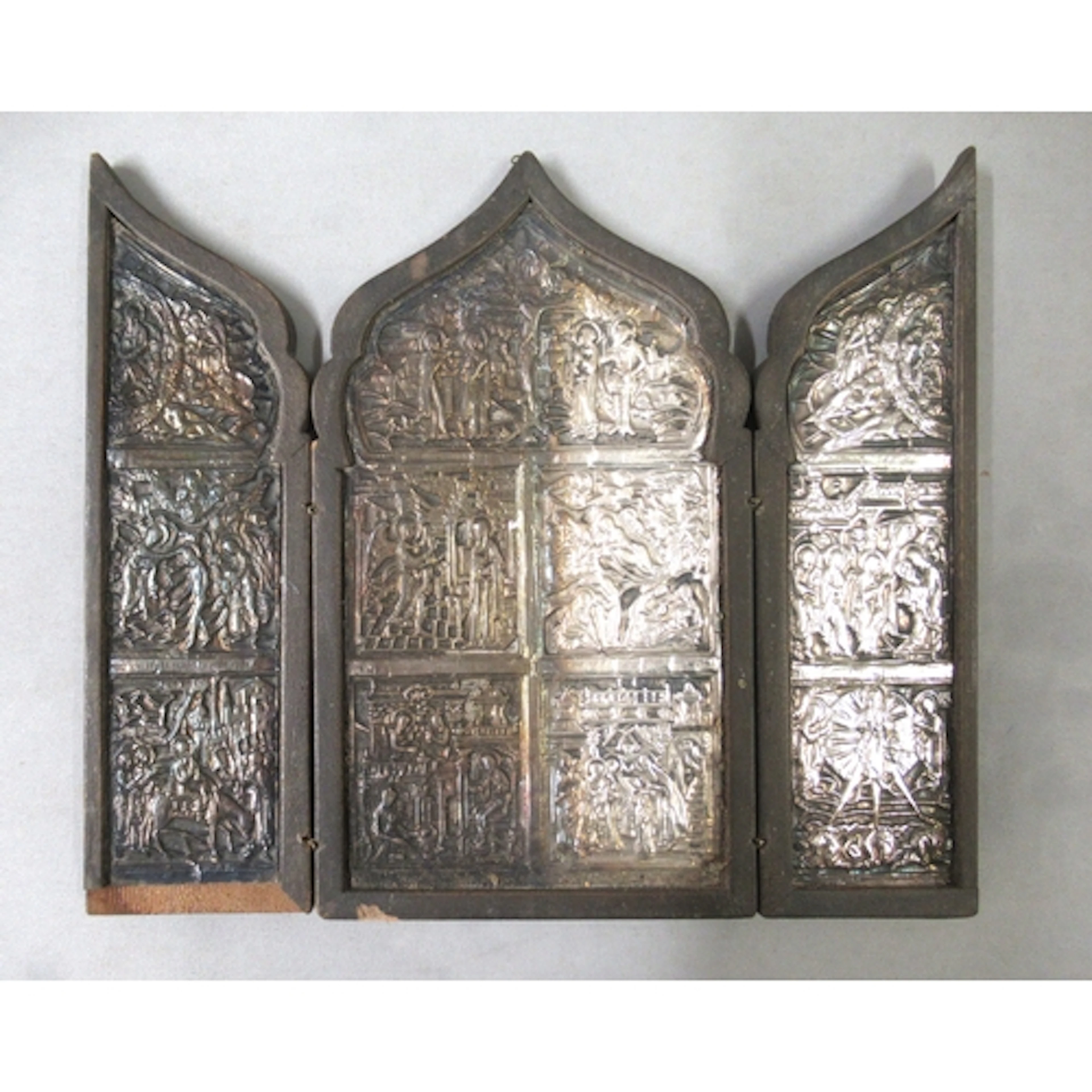 Continental silver and wooden triptych icon