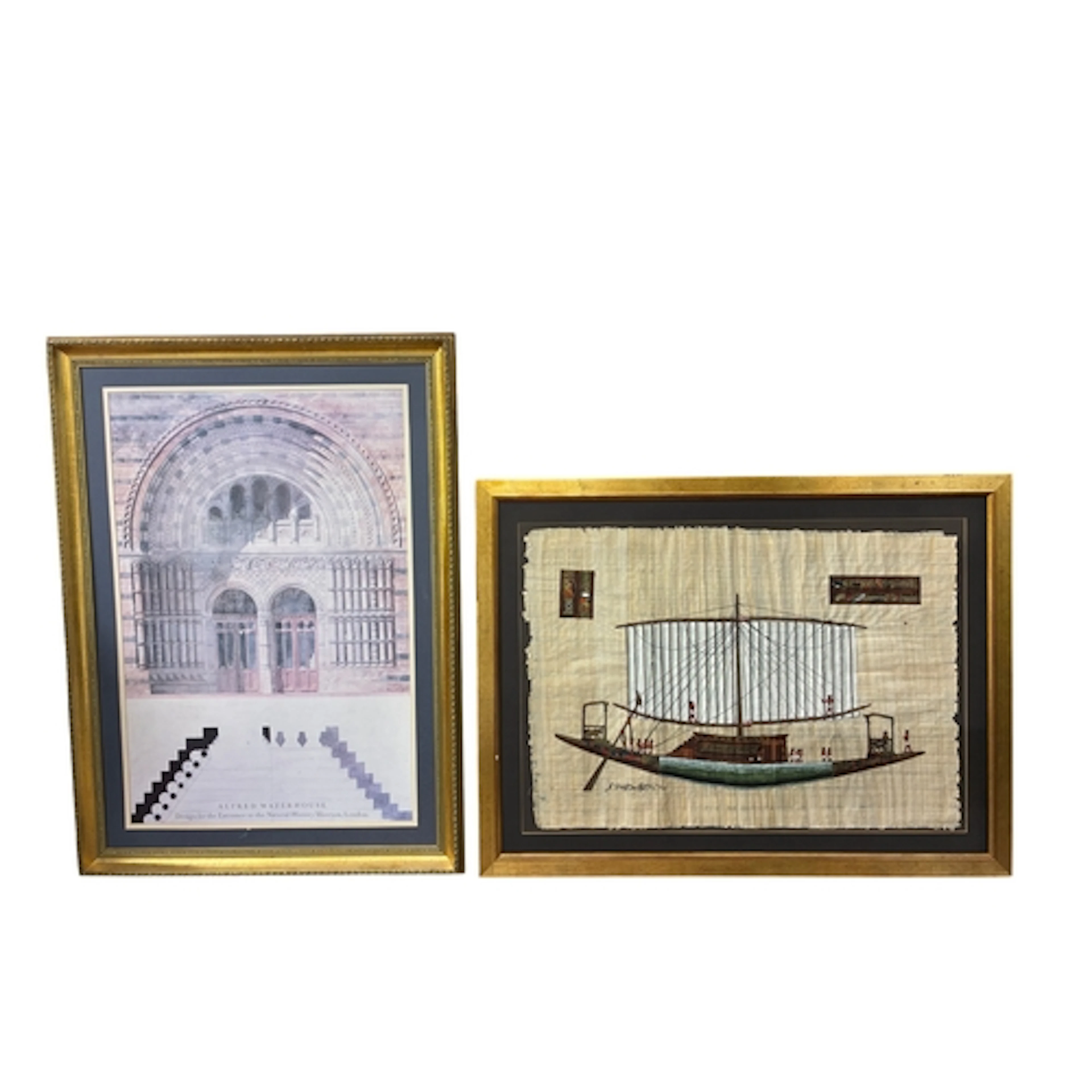 Two large framed pictures: Egyptian style illustration of a ...