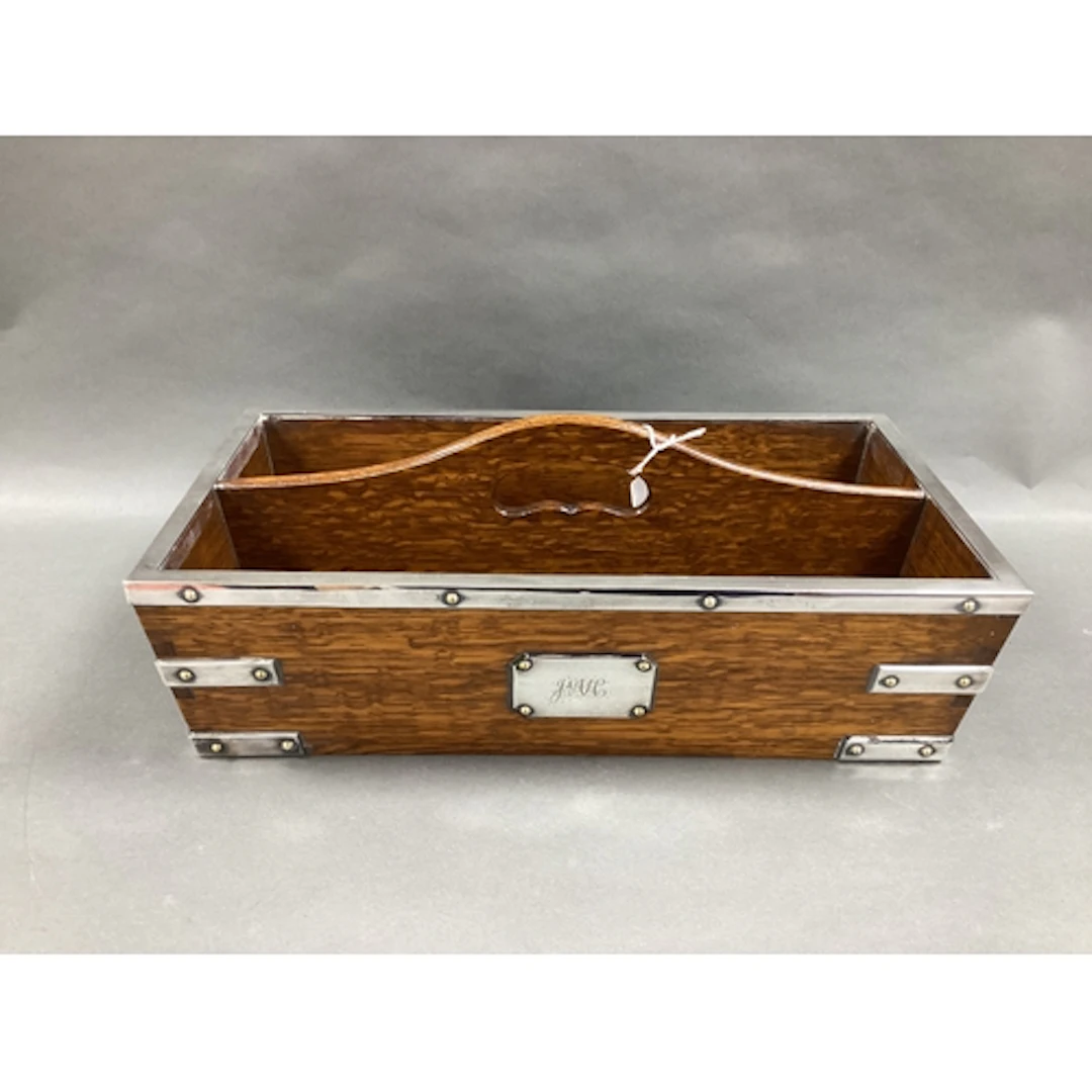 A Victorian Plated Mounted Oak Cutlery Tray, with two applie...