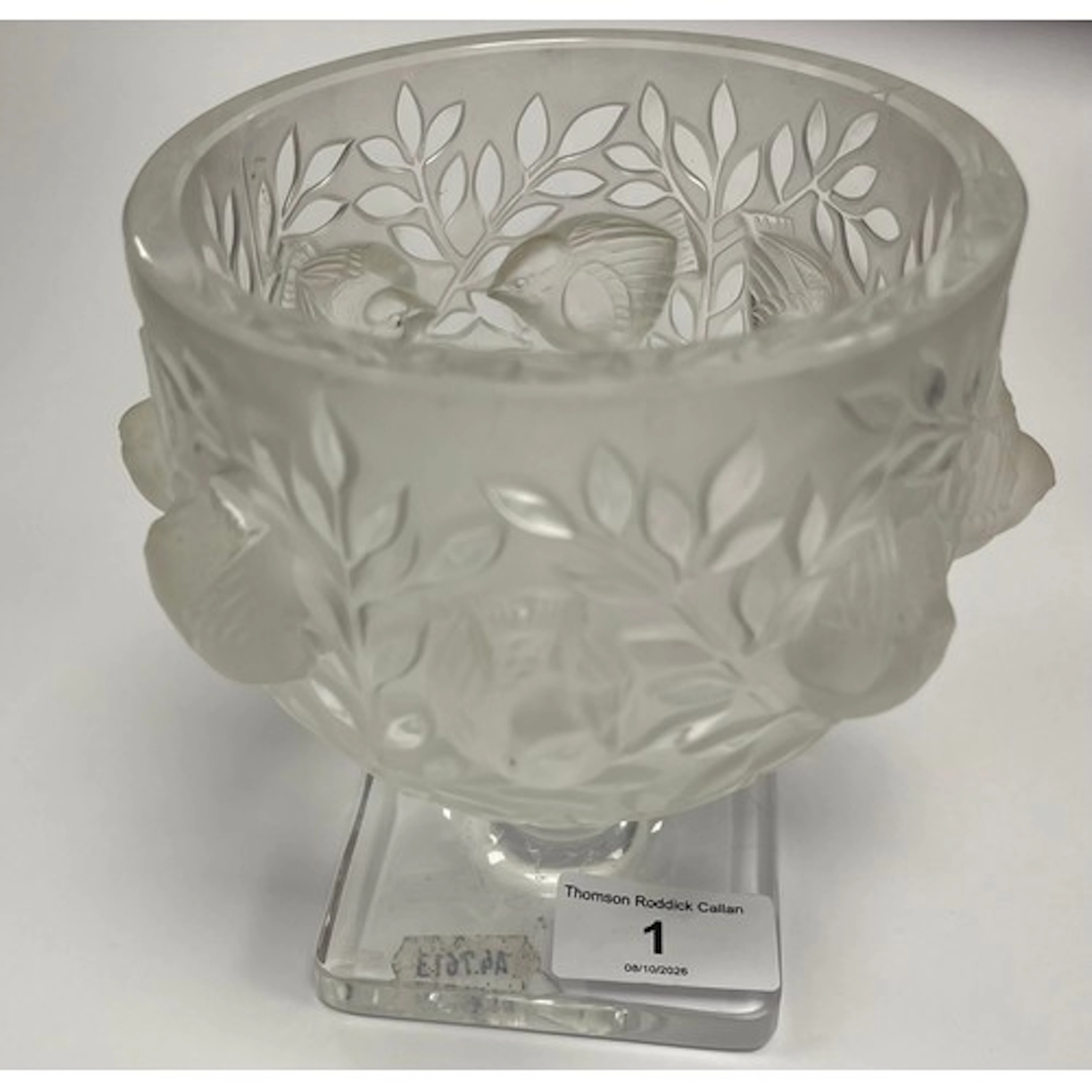 Lalique France frosted glass vase with bird motifs, 14cm h.