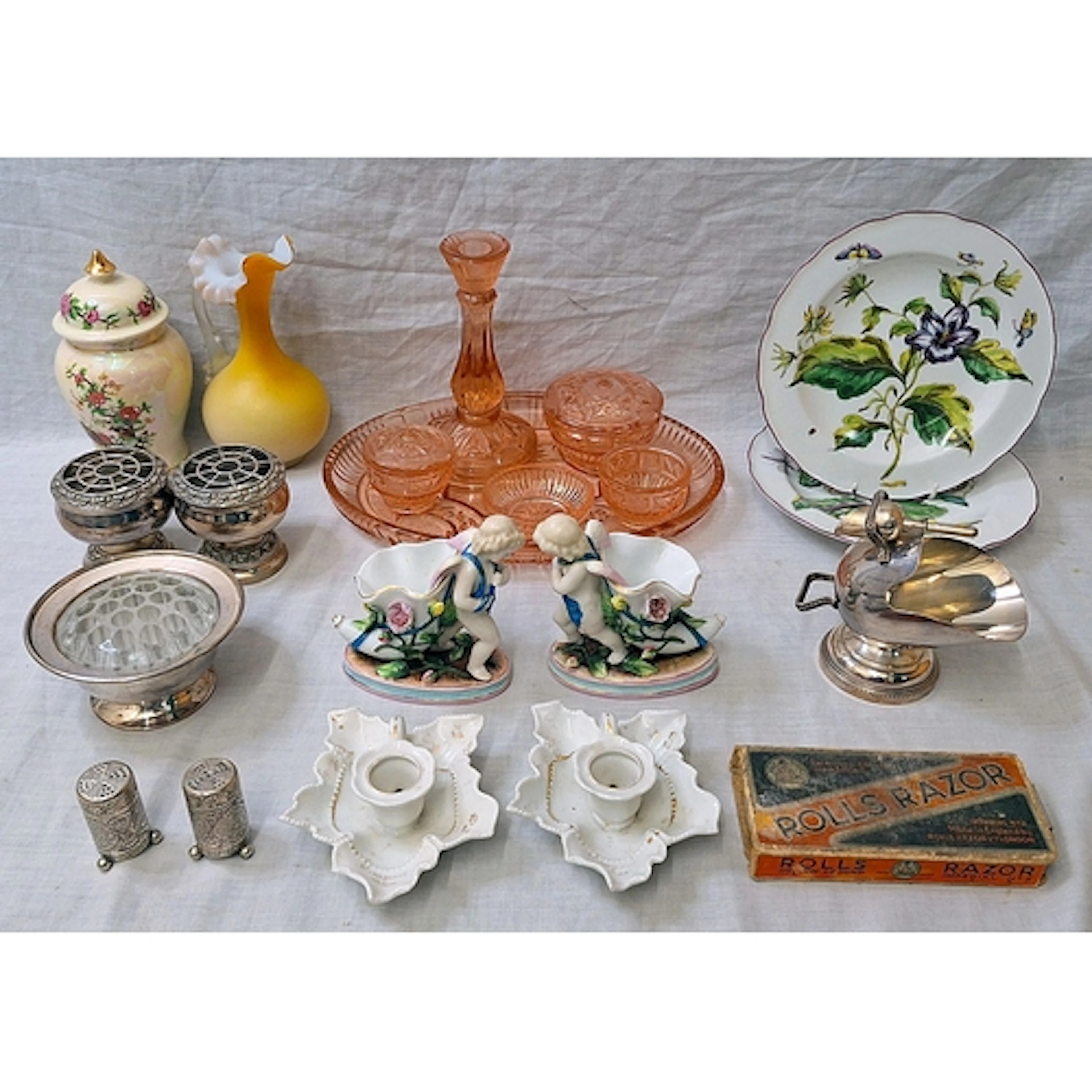 Vintage Peach Glass Dressing Table Set with candlestick, tri...
