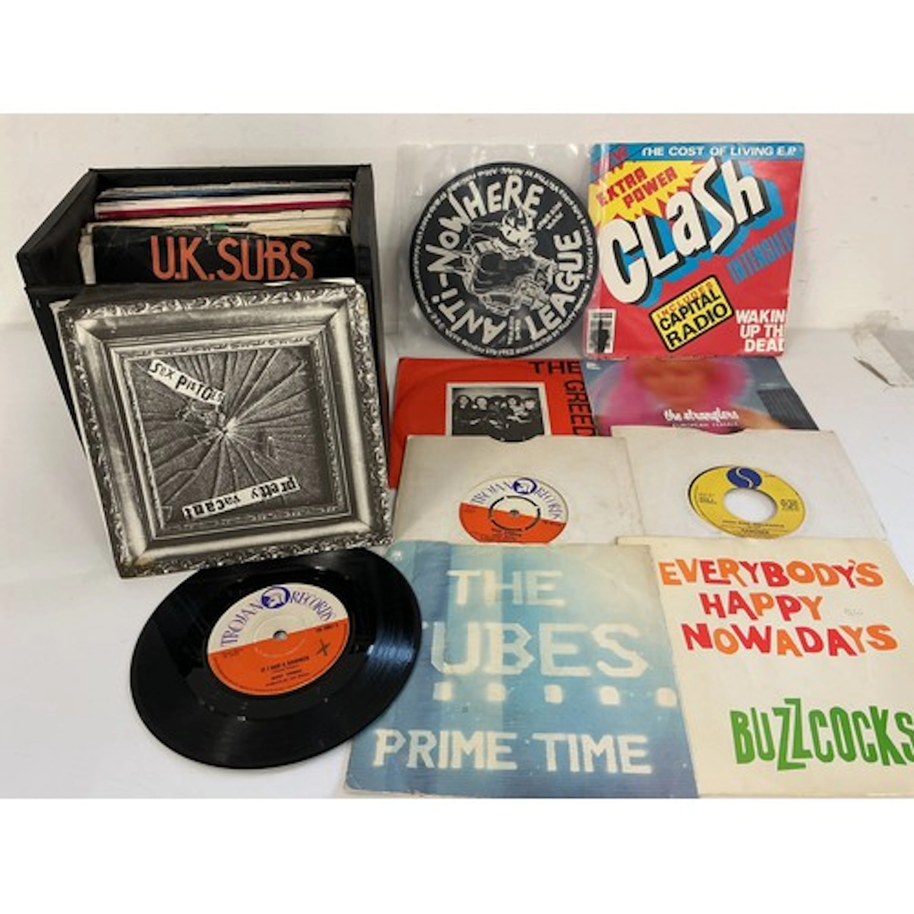 A record case of reggae, punk and indie 7” singles by variou...