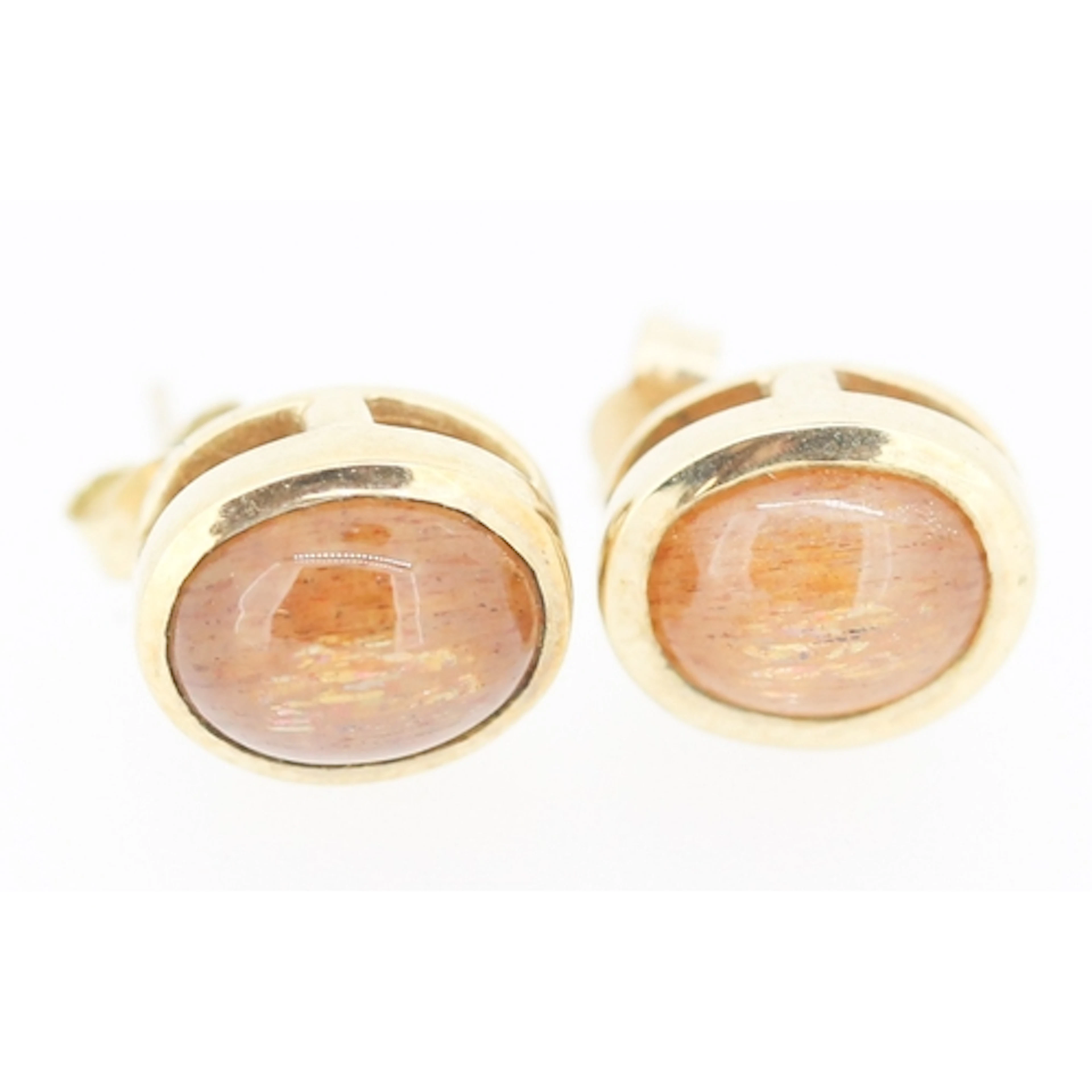Pair of Polished Cabochon Sunstone Set Earrings Mounted in 9...
