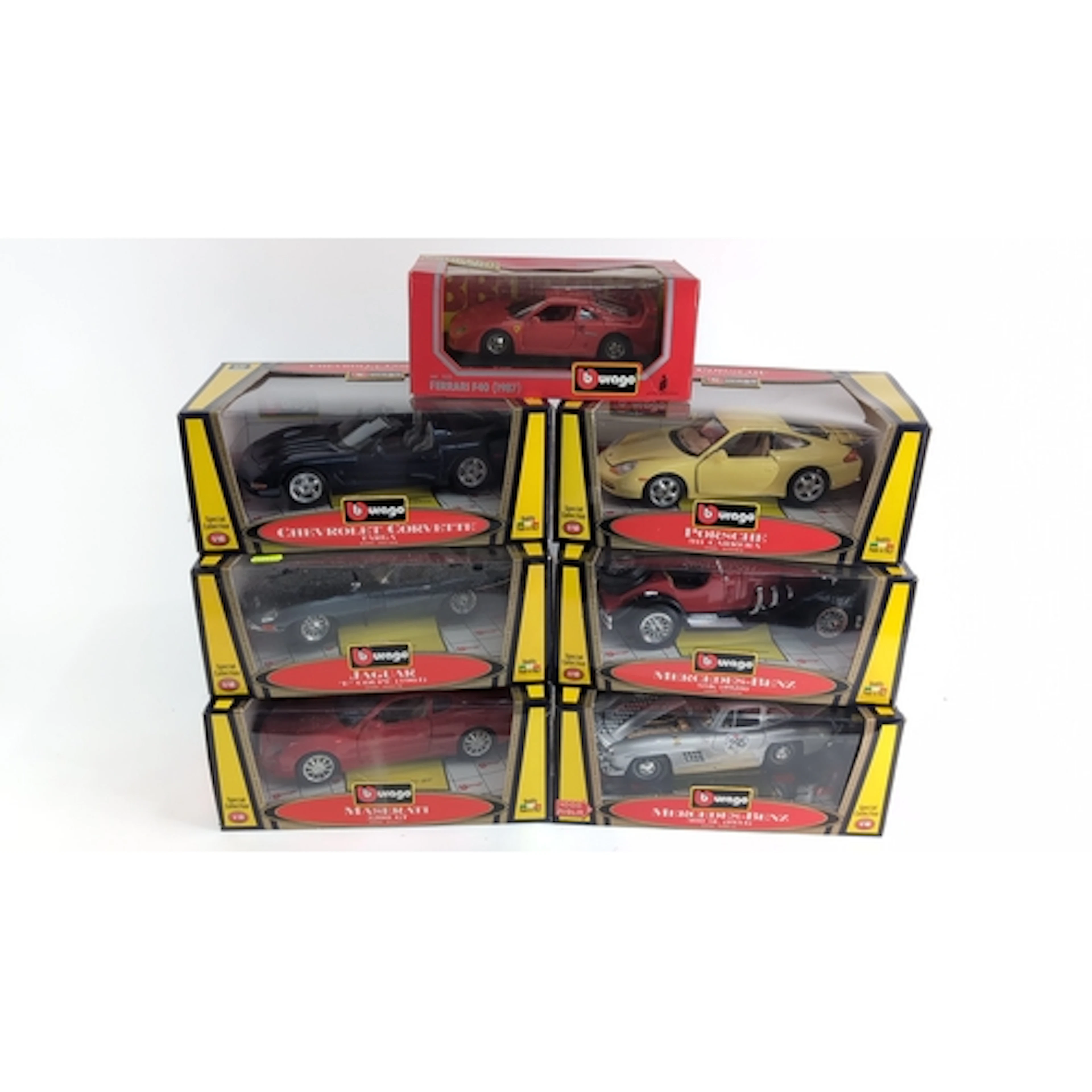 7 x Burago die-cast model cars, 1:18 scale, each boxed—Ferra...