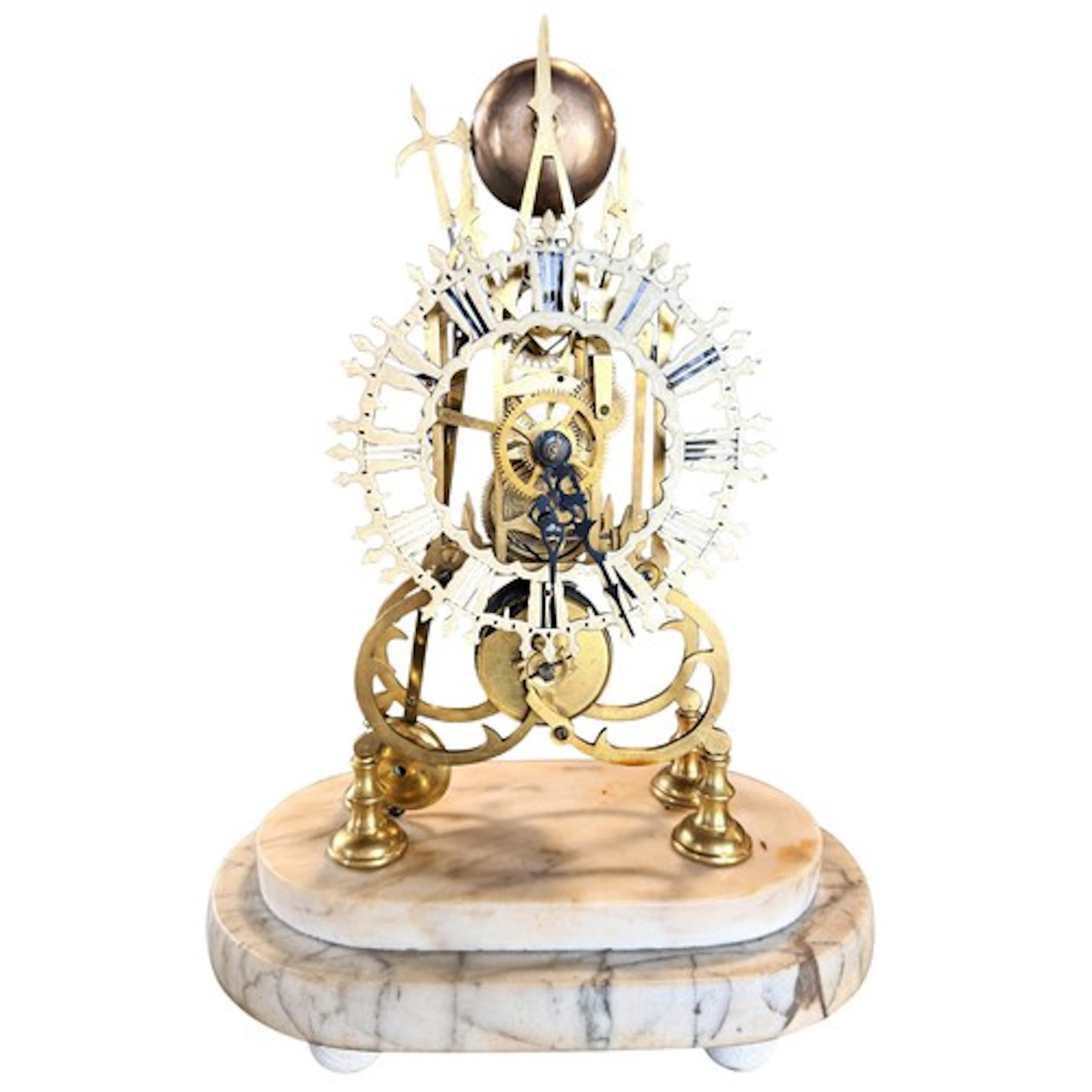 A 19th century brass 'cathedral' skeleton clock on stepped m...