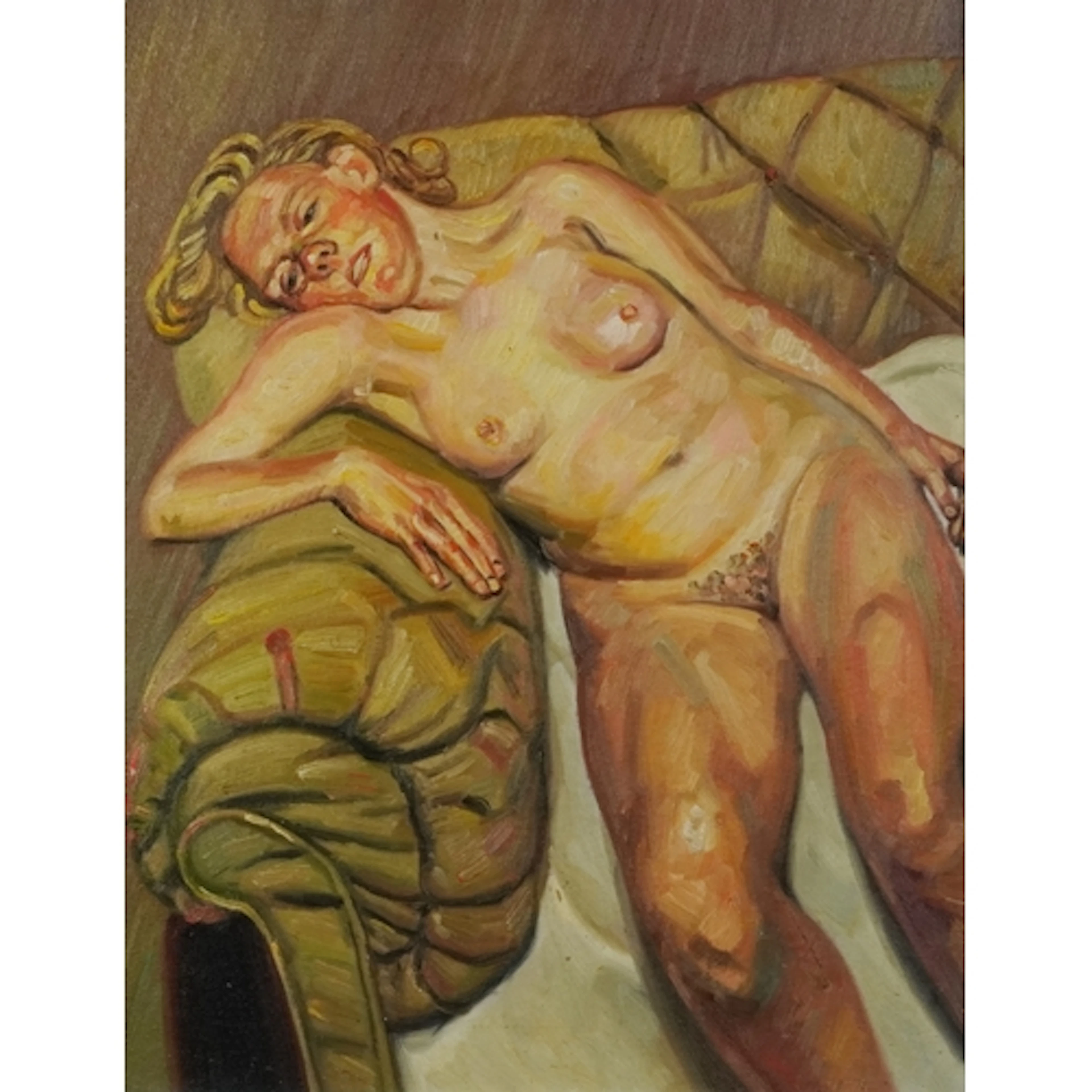 In the Manner of Lucian Freud - Nude female reclining on a c...