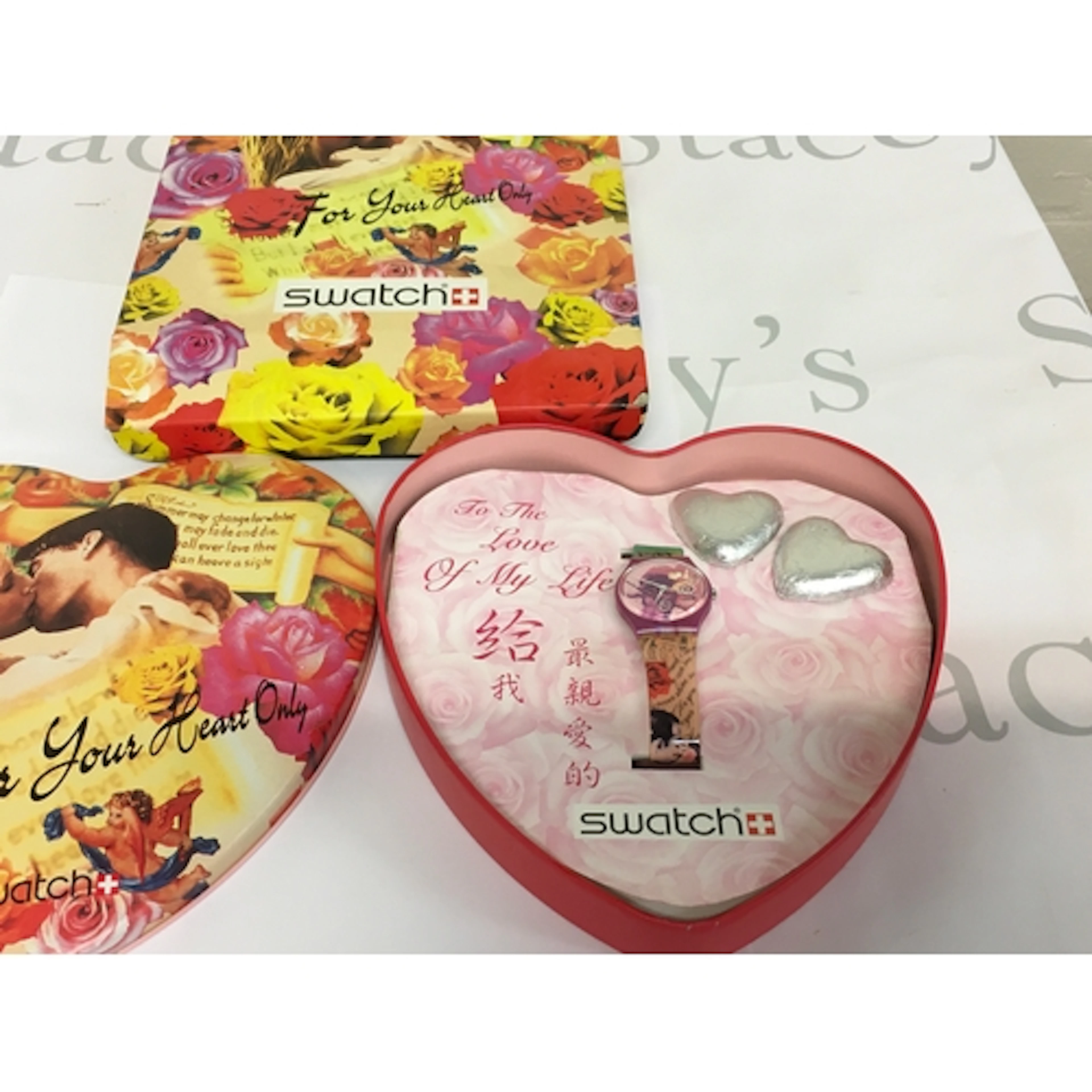 Swatch Gent "For Your Heart Only" watch set featuring a hear...