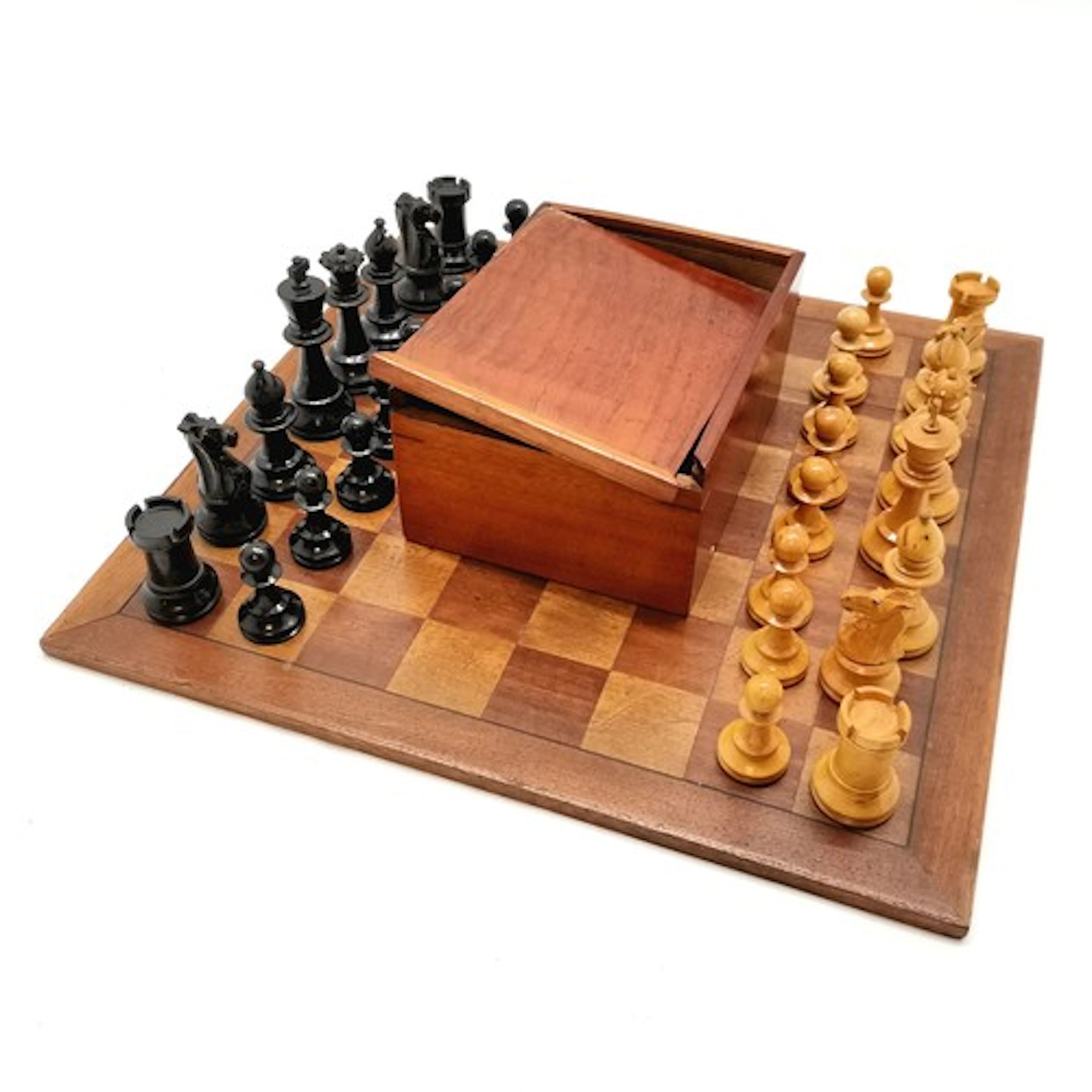 Antique / vintage chess set in a John Moore (Bath) wooden re...