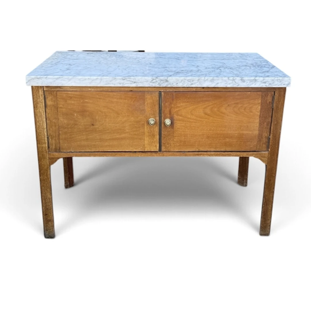 A FRENCH MAHOGANY WASHSTAND WITH A WHITE VEINED MARBLE TOP E...